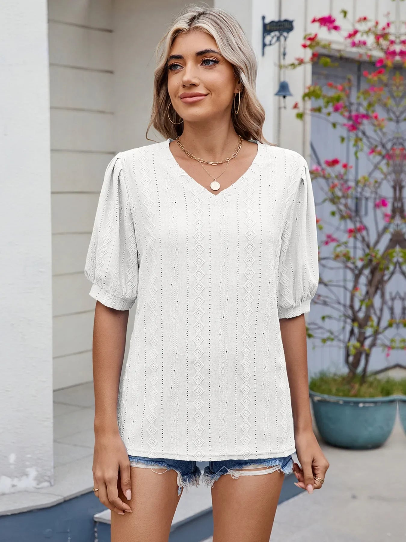 Spade Eyelet V-Neck Puff Sleeve Rayon Top - Southern Shores Clothing