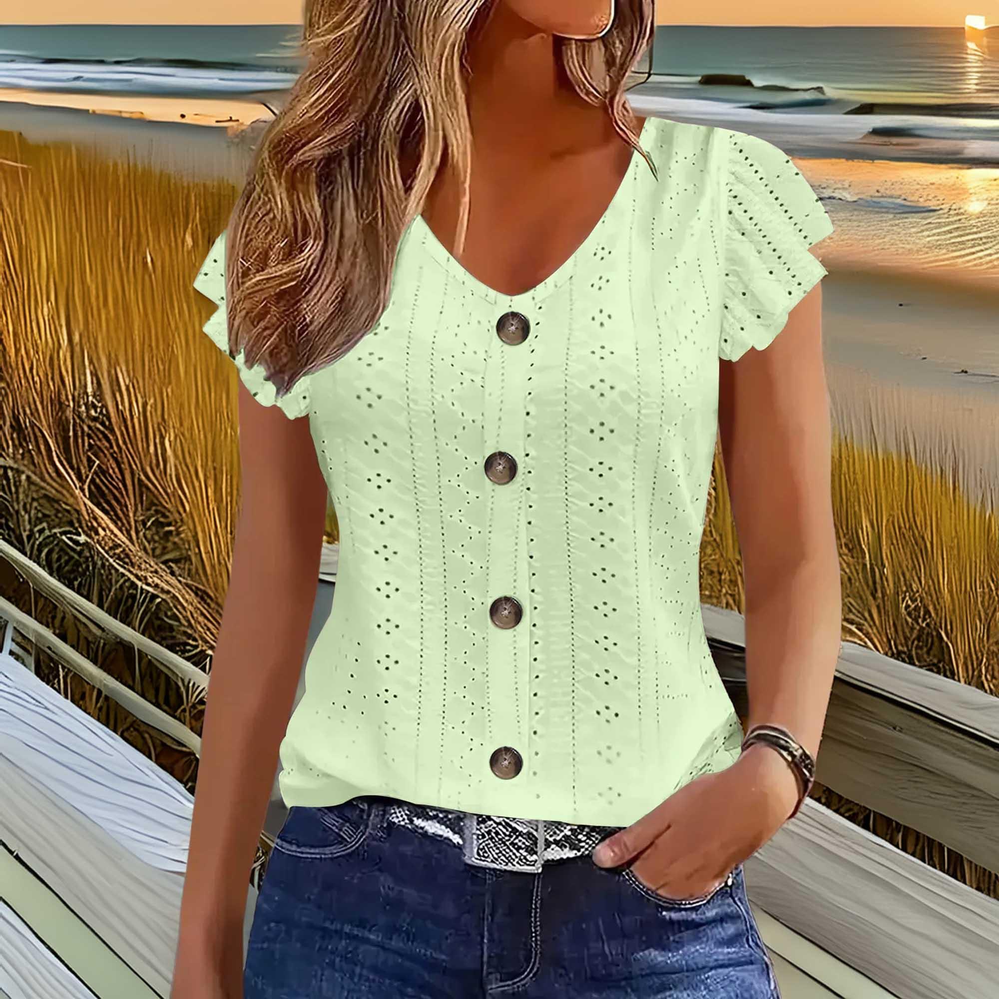 Eyelet Button-Front Flutter Sleeve Top With Stretch - Southern Shores Clothing
