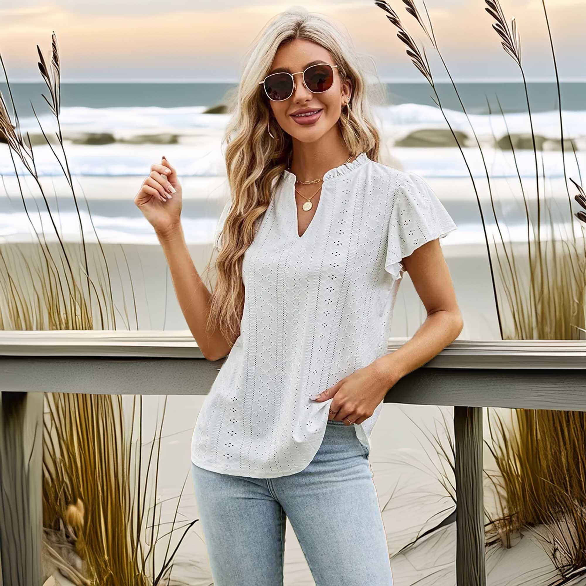 Eyelet Notched Short Sleeve T Shirt With Frills Stretchy - Southern Shores Clothing