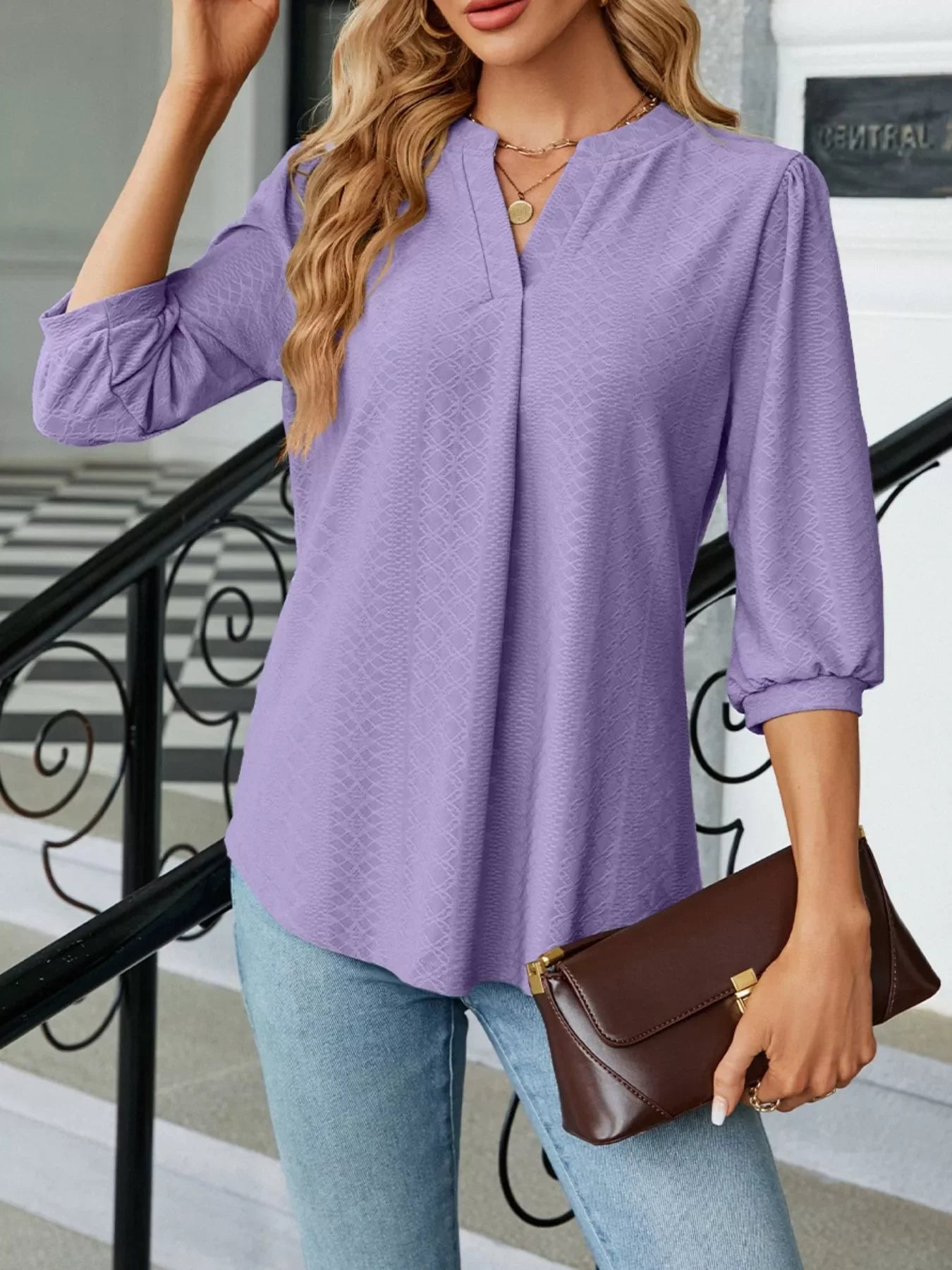 Notched 3/4 Sleeve Casual Top - Southern Shores Clothing