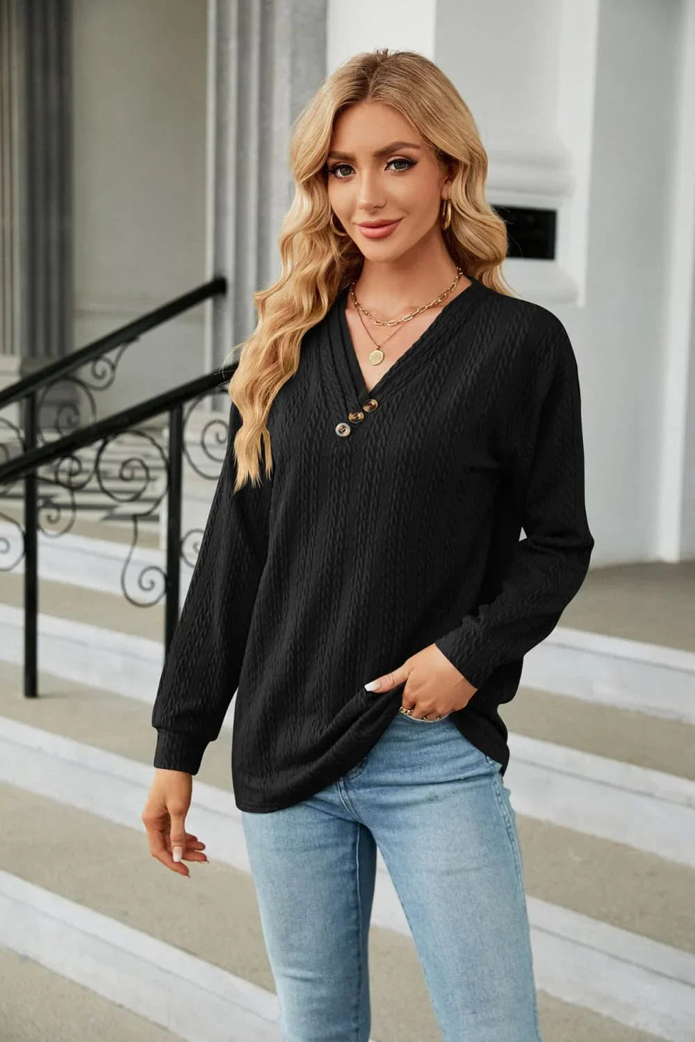 Decorative Button V-Neck Long Sleeve T-Shirt - Southern Shores Clothing