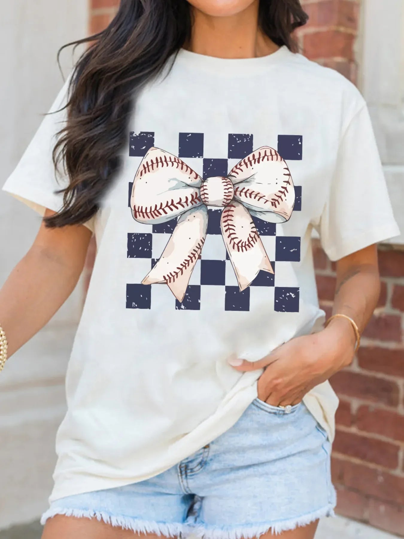 Checkered Bowknot Graphic Crew Neck T Shirt - Southern Shores Clothing