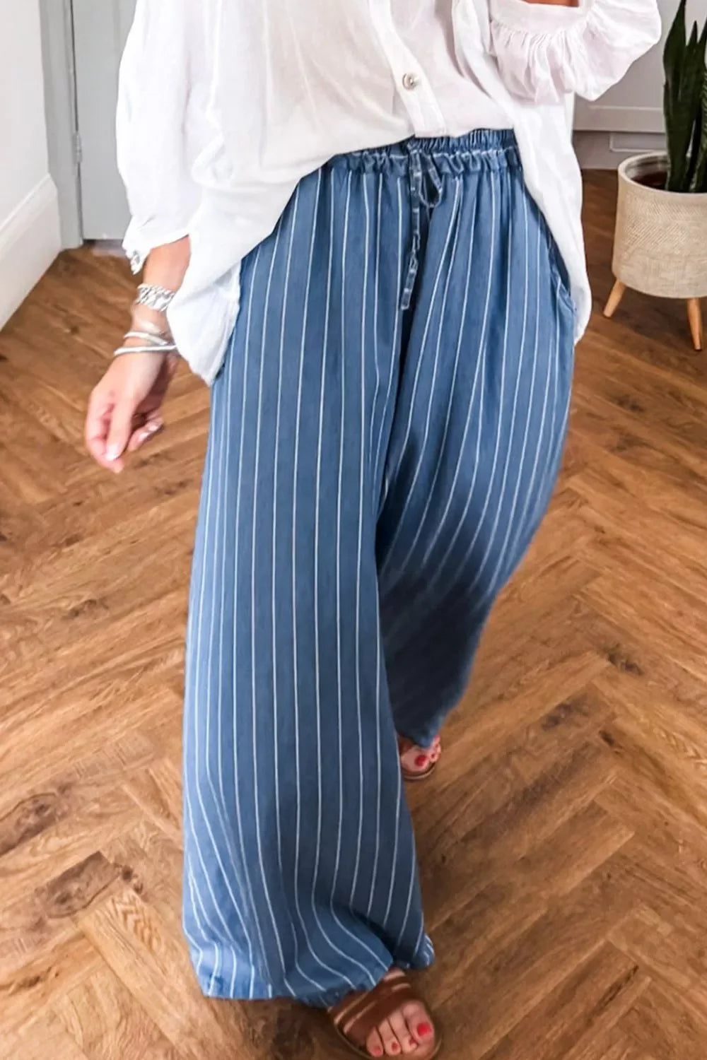 Coastal Stripe Chambray Wide Leg Jeans Tied Elastic Waist - Southern Shores Clothing