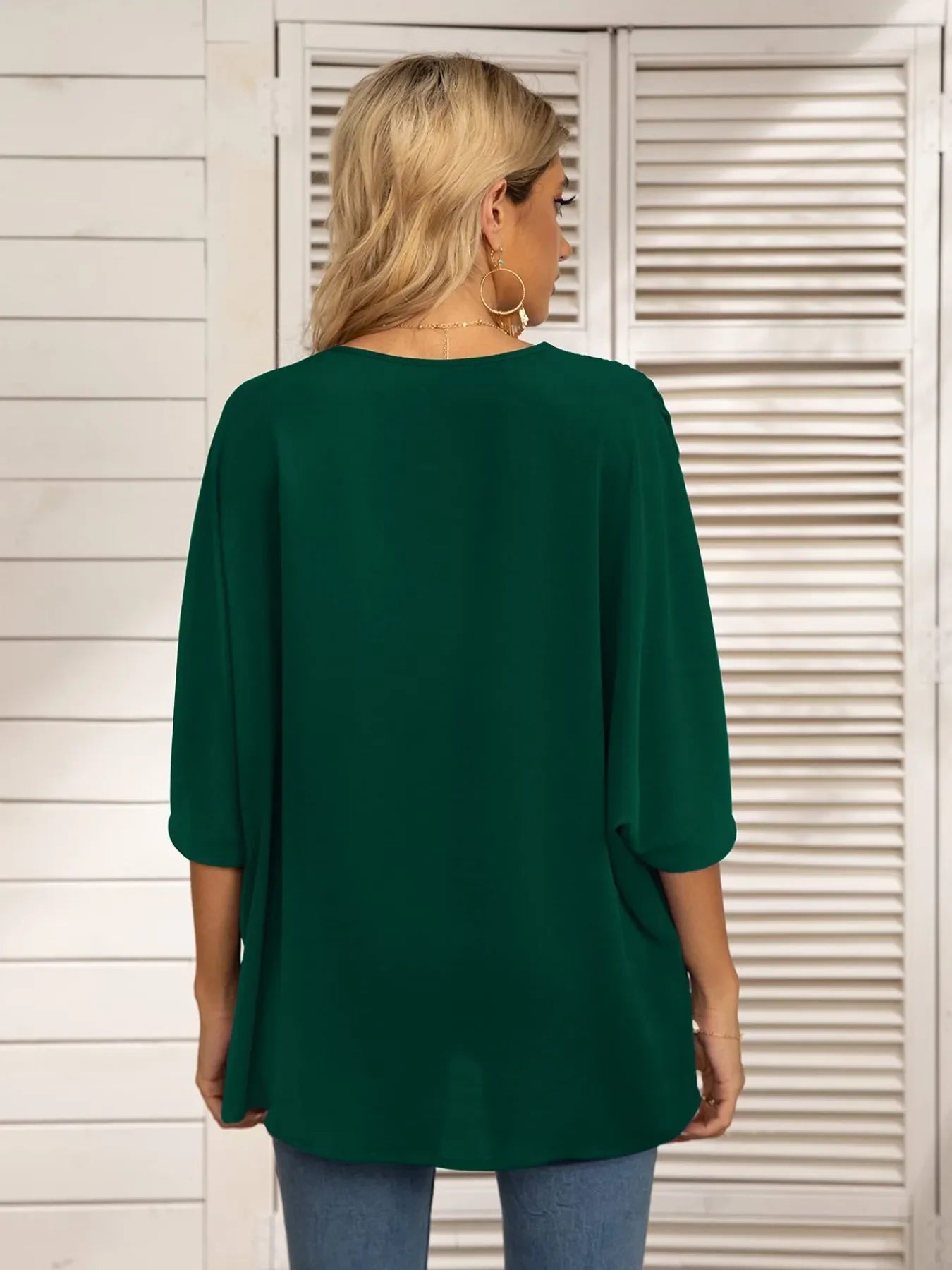 Printed Trim V-Neck Batwing Sleeve Blouse - Southern Shores Clothing