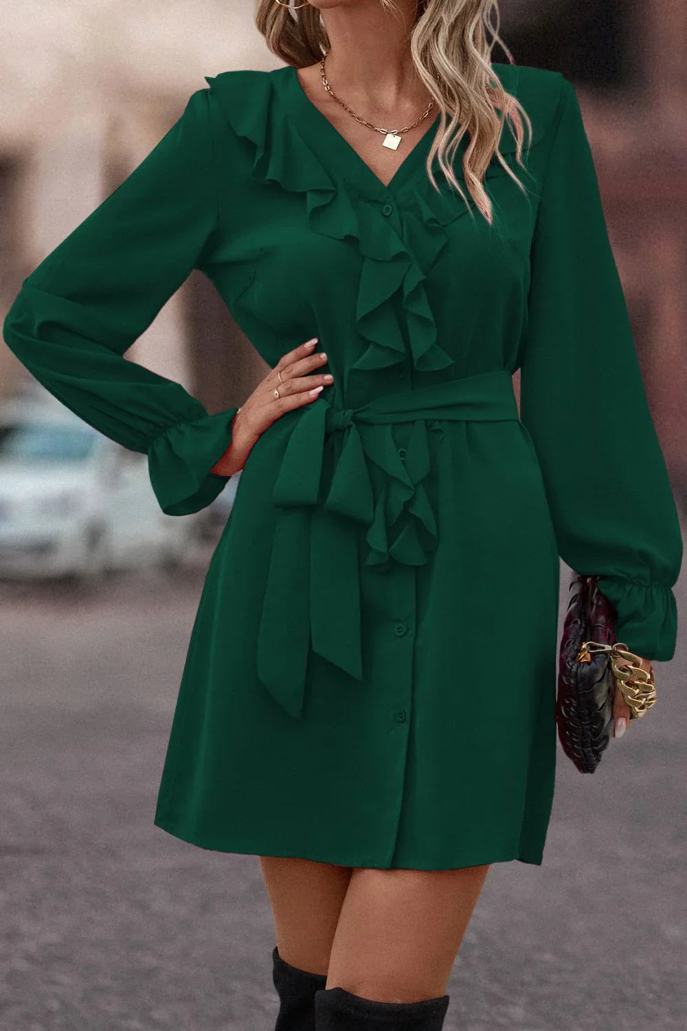Ruffled Flounce Sleeve V-Neck Belted Dress - Southern Shores Clothing