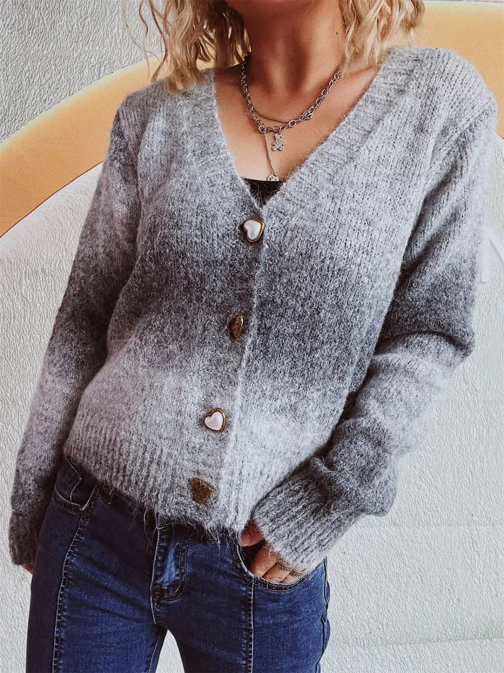 Heart Shape Button Front V-Neck Cardigan With Stretch - Southern Shores Clothing