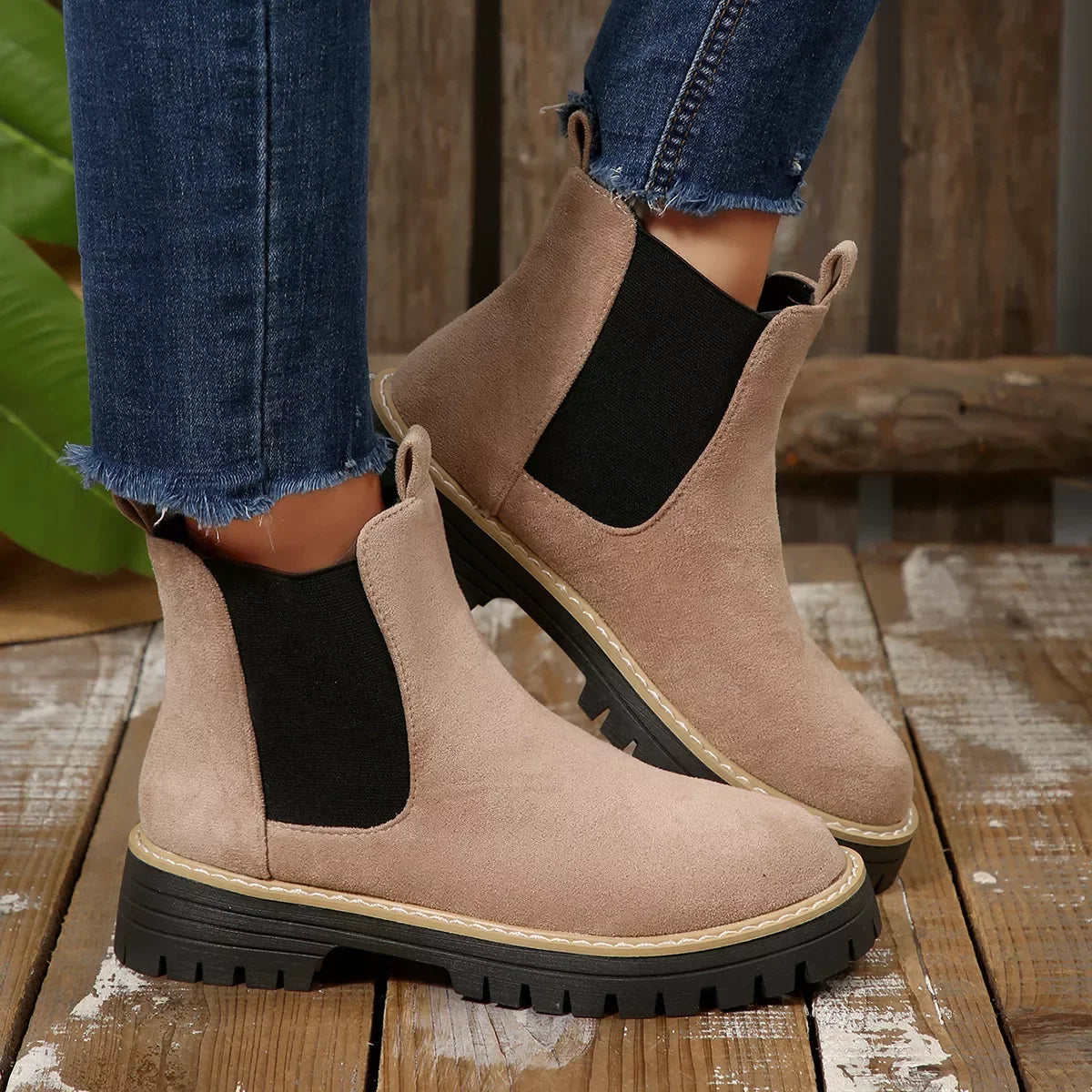 Round Toe Block Heel Boots Suede And Rubber - Southern Shores Clothing