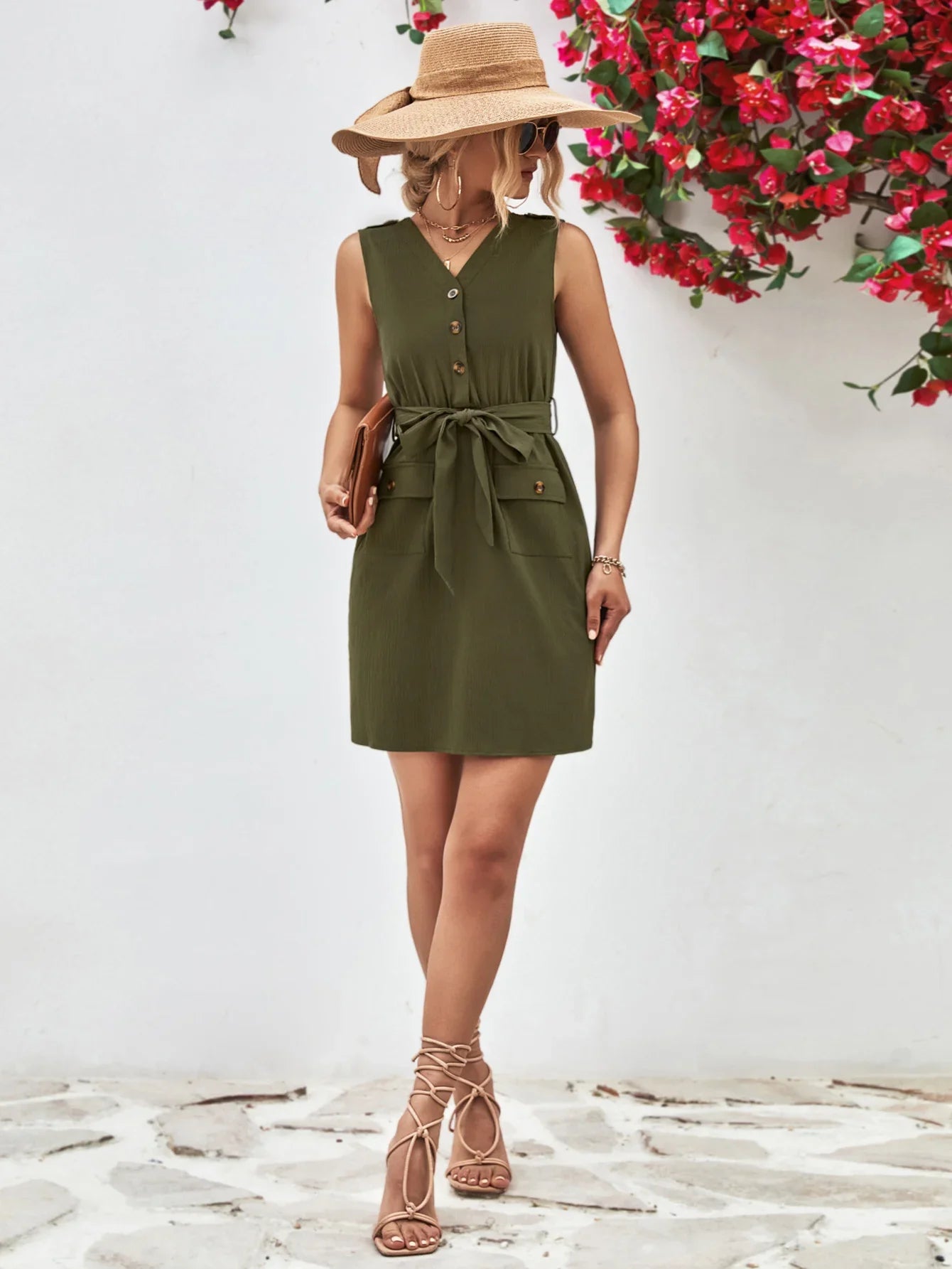 Buttoned V-Neck Belted Sleeveless Dress - Southern Shores Clothing