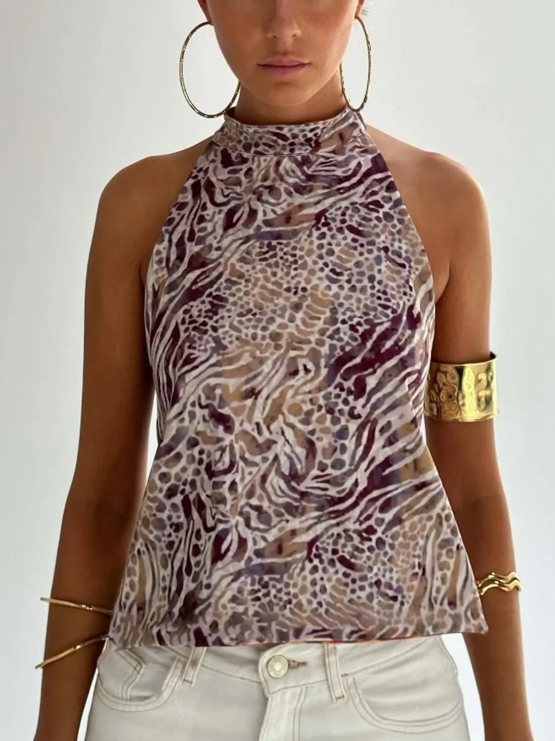 Backless Printed Halter Neck Tank Top With Slight Stretch - Southern Shores Clothing