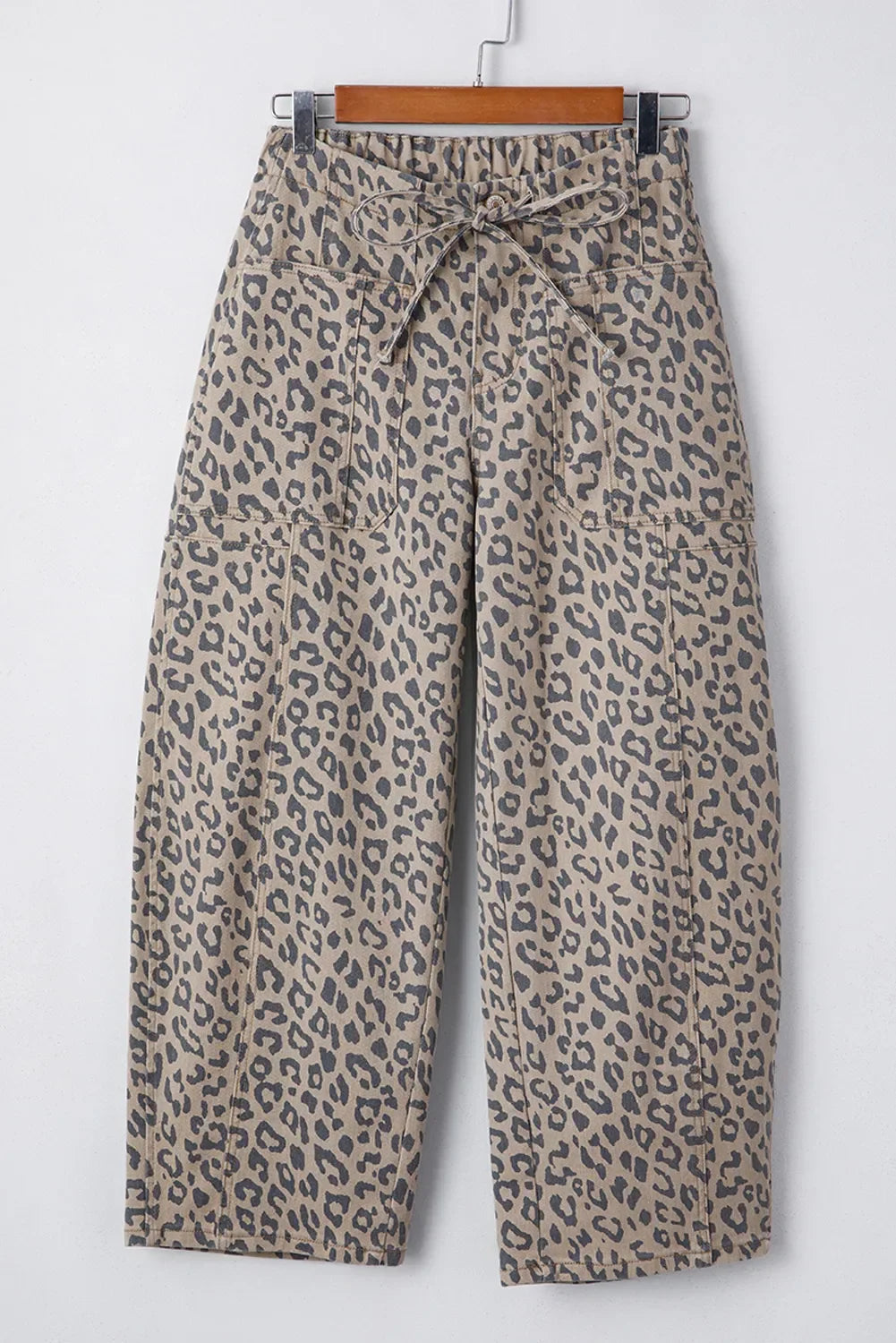 Leopard Printed Drawstring Waist Pocketed Wide Leg Jeans - Southern Shores Clothing