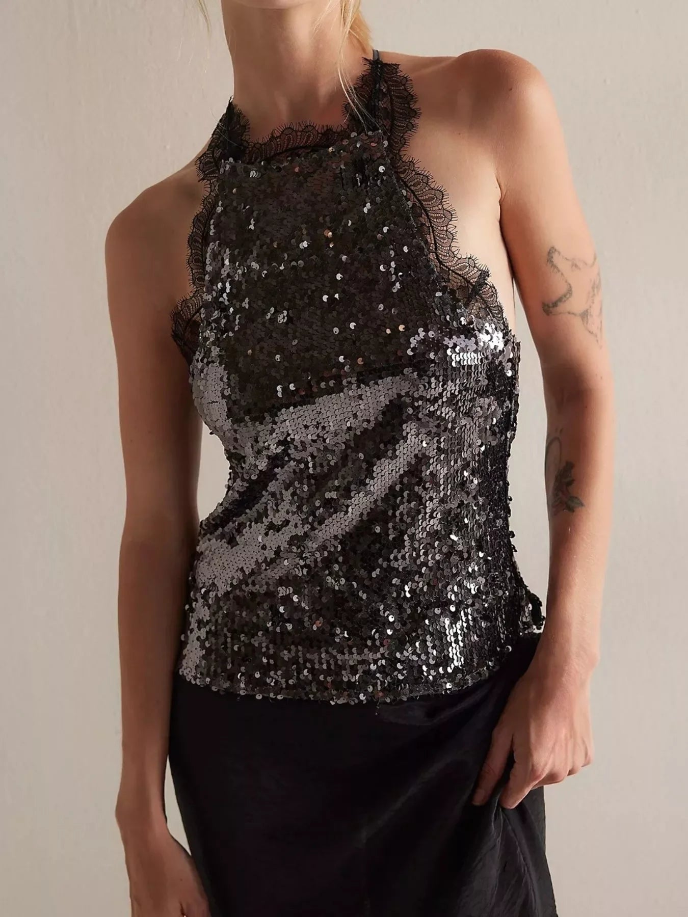 Sequin Lace Trim Halter Neck Cami Top With Elegant Embellishment - Southern Shores Clothing