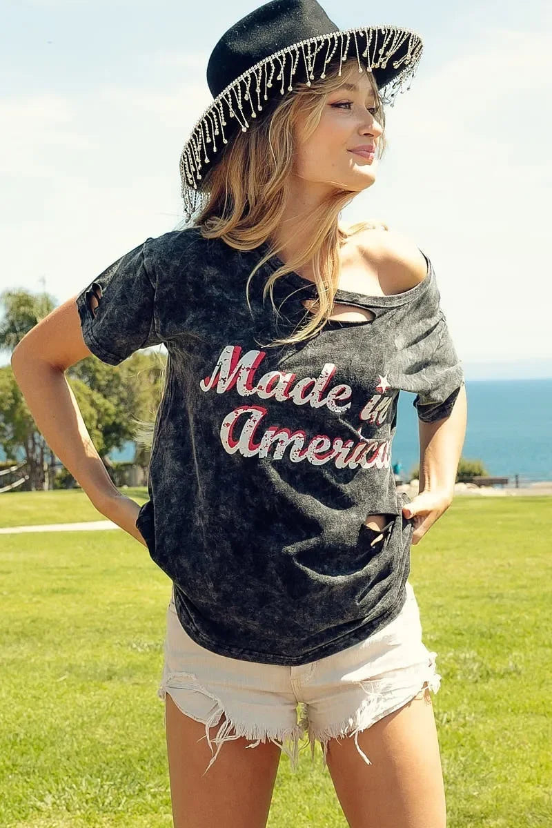 Laser Cut Mineral Washed America Print Cotton T Shirt - Southern Shores Clothing