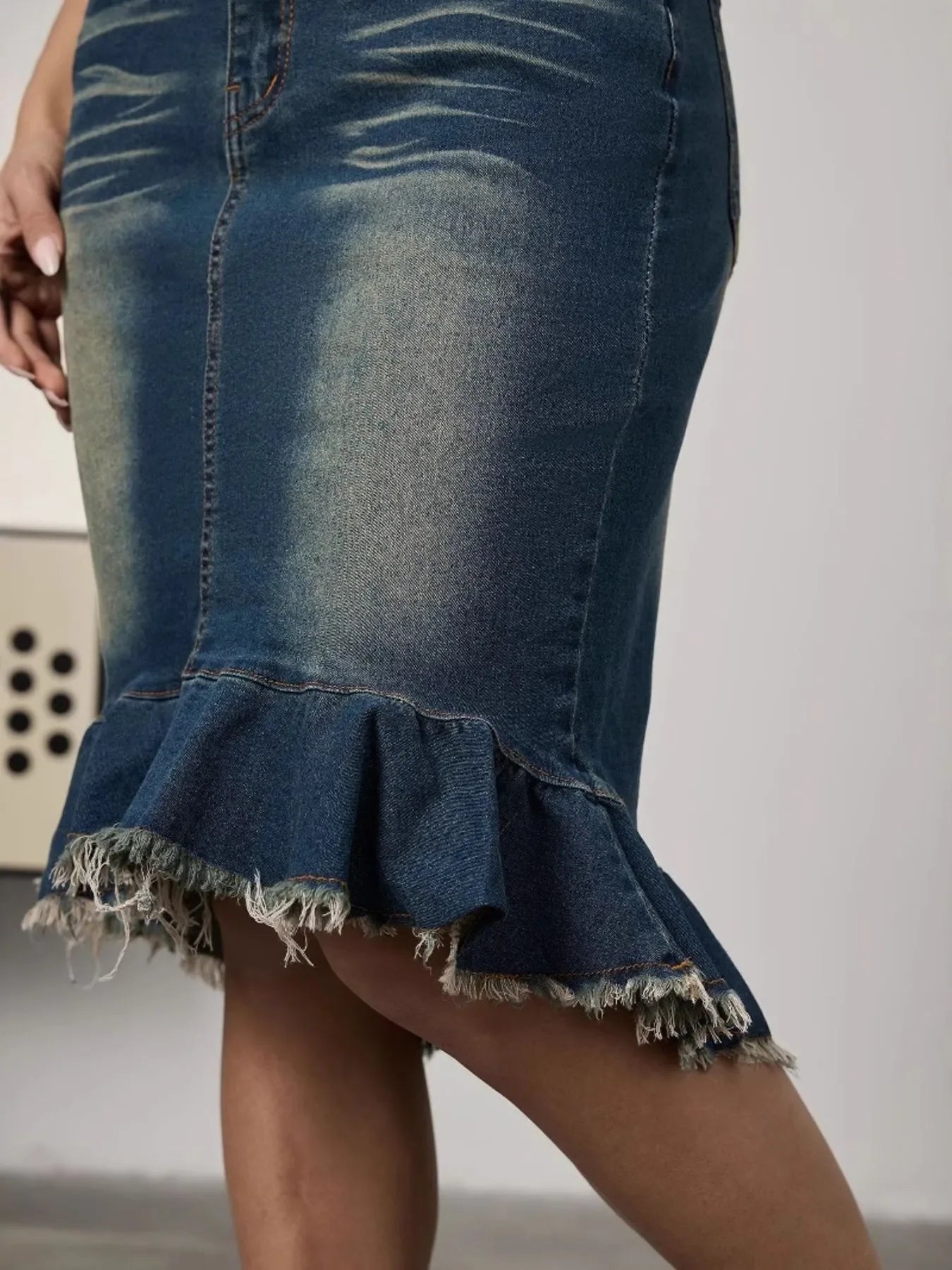 Mermaid Denim Skirt Pocketed Raw Hem Classic - Southern Shores Clothing