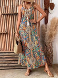 Paisley Print V-Neck Maxi Dress With Tassel Tie Straps Boho - Southern Shores Clothing