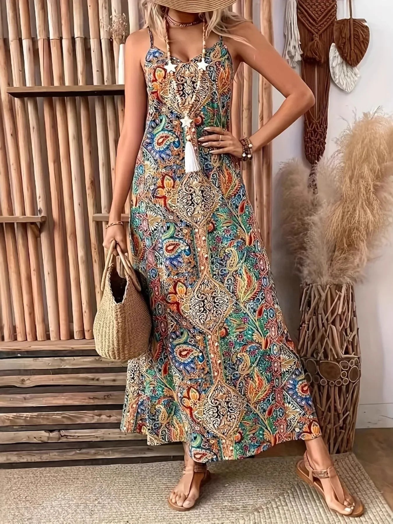 Paisley Print V-Neck Maxi Dress With Tassel Tie Straps Boho - Southern Shores Clothing