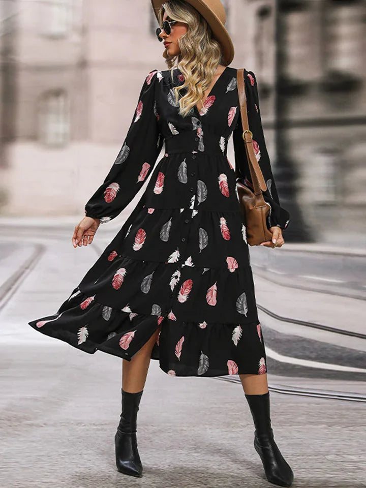 Perfee Printed V-Neck Slit Dress - Southern Shores Clothing