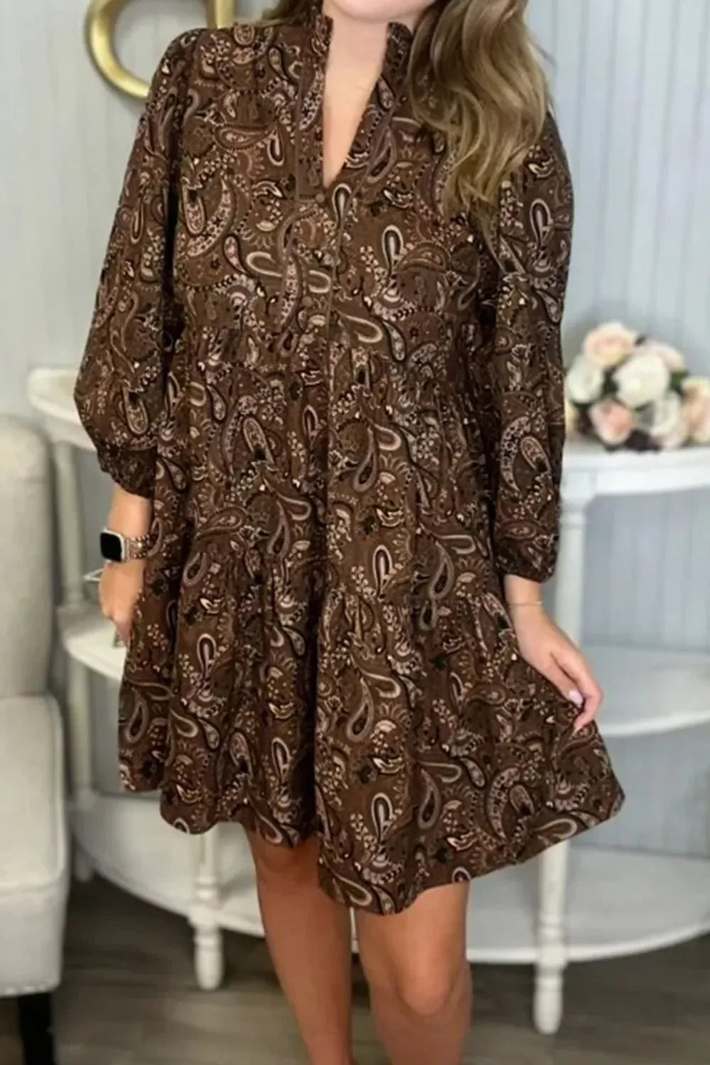 Casual Cotton Paisley Print Notched Mini Dress With Long Sleeves - Southern Shores Clothing