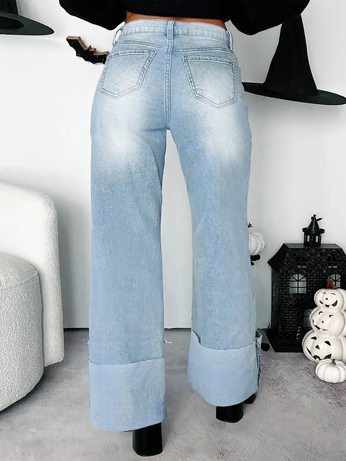 Coastal High Waisted Wide Leg Jeans With Cuffed Hem