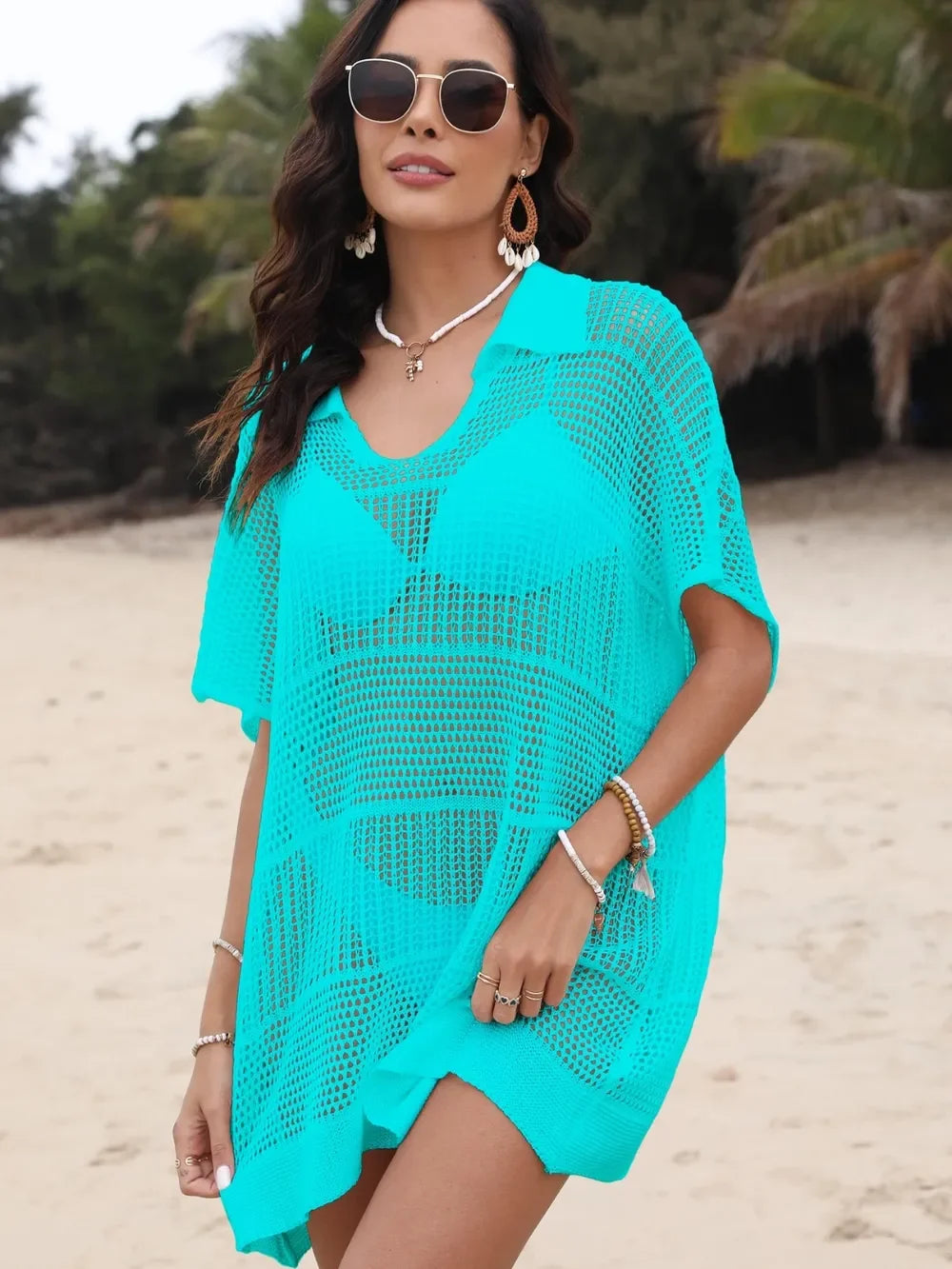 One Size Sheer Hollow Out Collared Neck Cover Up - Southern Shores Clothing
