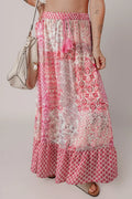 Printed Tassel Drawstring High Waist Maxi Skirt