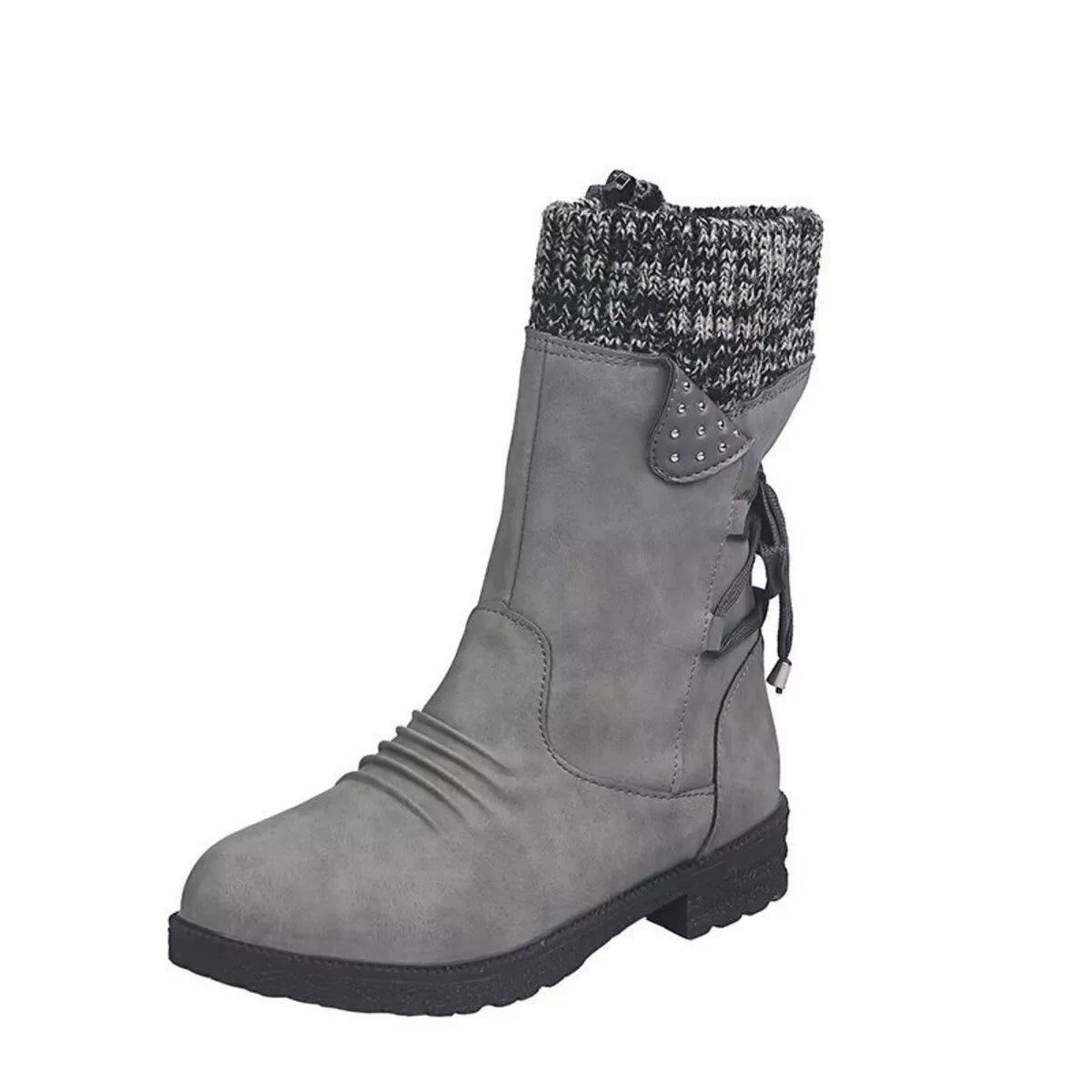 Knitted Cuff Round Toe Boots Suede Rubber Sole