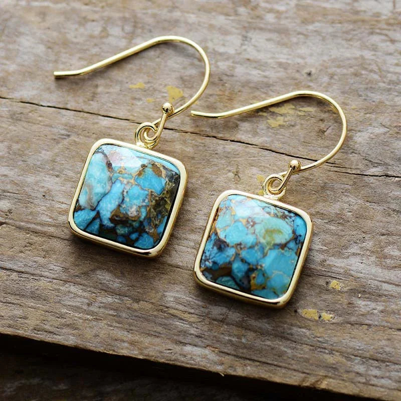 Gold Plated Copper Square Drop Earrings With Natural Stones