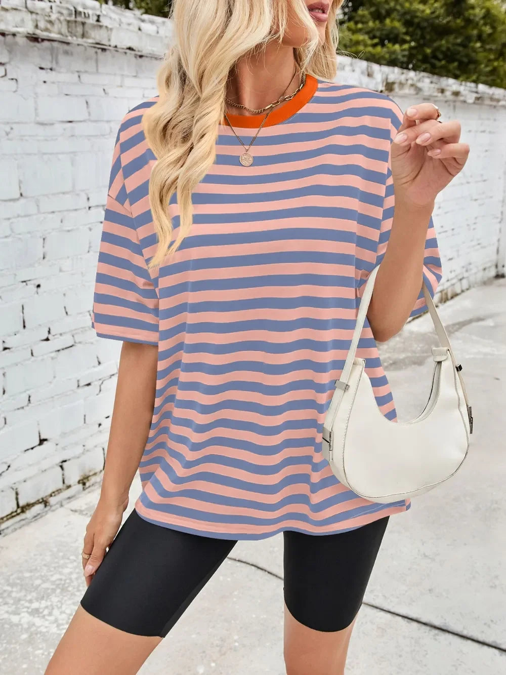 Striped Round Neck Half Sleeve Stretchy T Shirt - Southern Shores Clothing