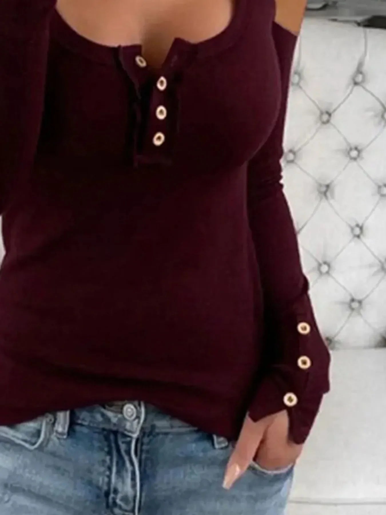 Cold Shoulder Ribbed Henley Tee With Button Detail - Southern Shores Clothing