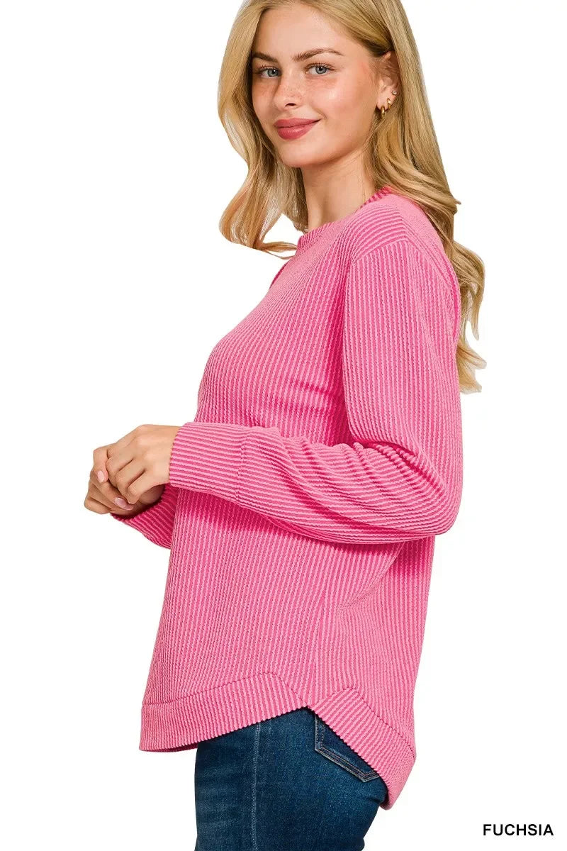 Raised Rib Round Neck Long Sleeve Top Plus Size - Southern Shores Clothing