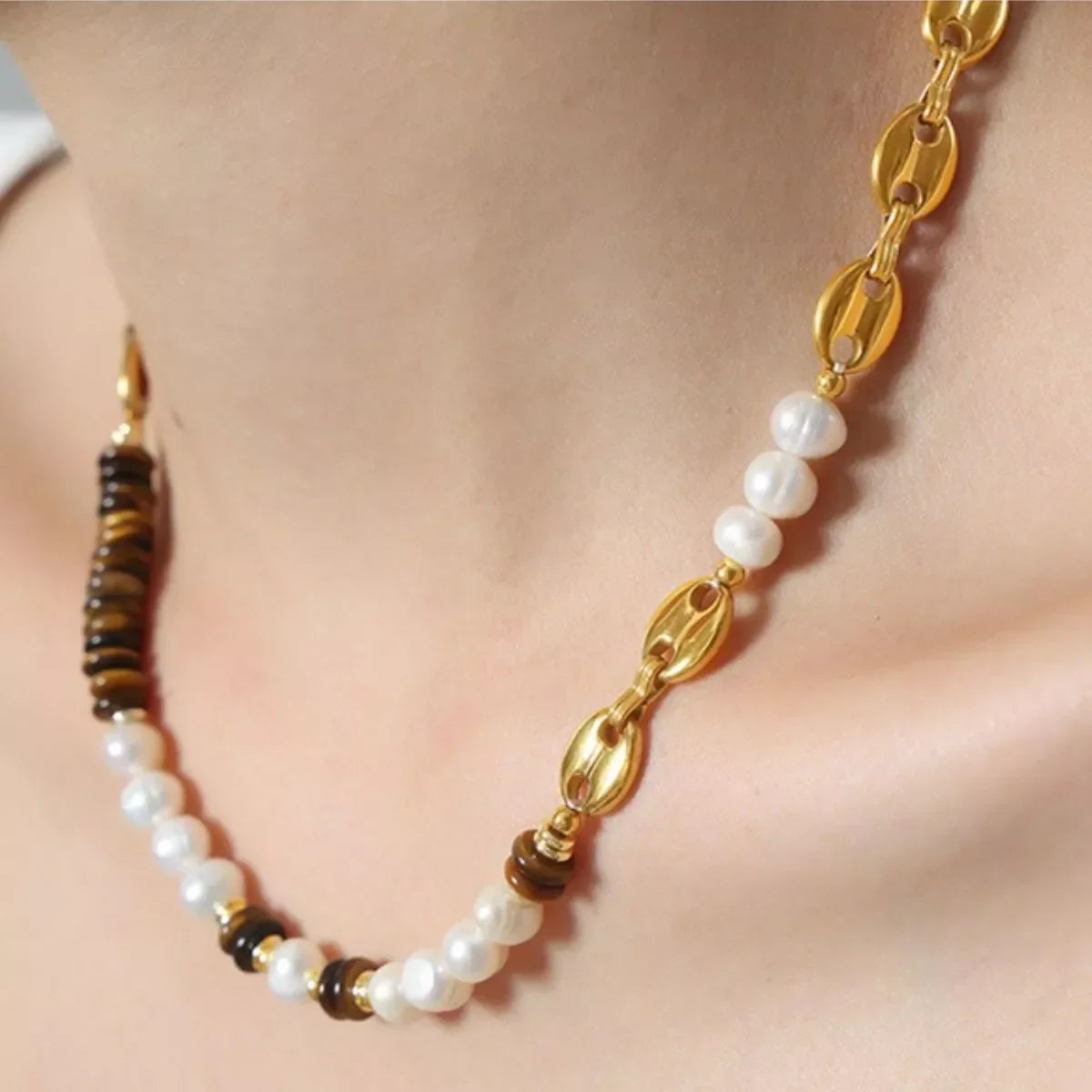 Tiger's Eye Freshwater Pearl Necklace, 18K Gold-Plated - Southern Shores Clothing