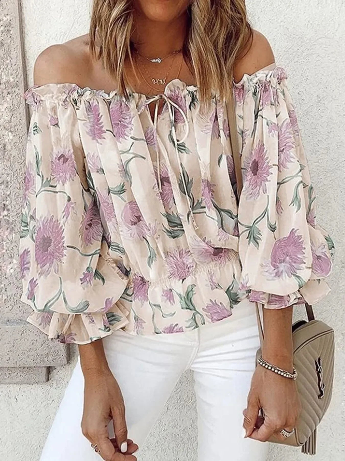 Off Shoulder Tied Ruffled Floral Print Blouse - Southern Shores Clothing