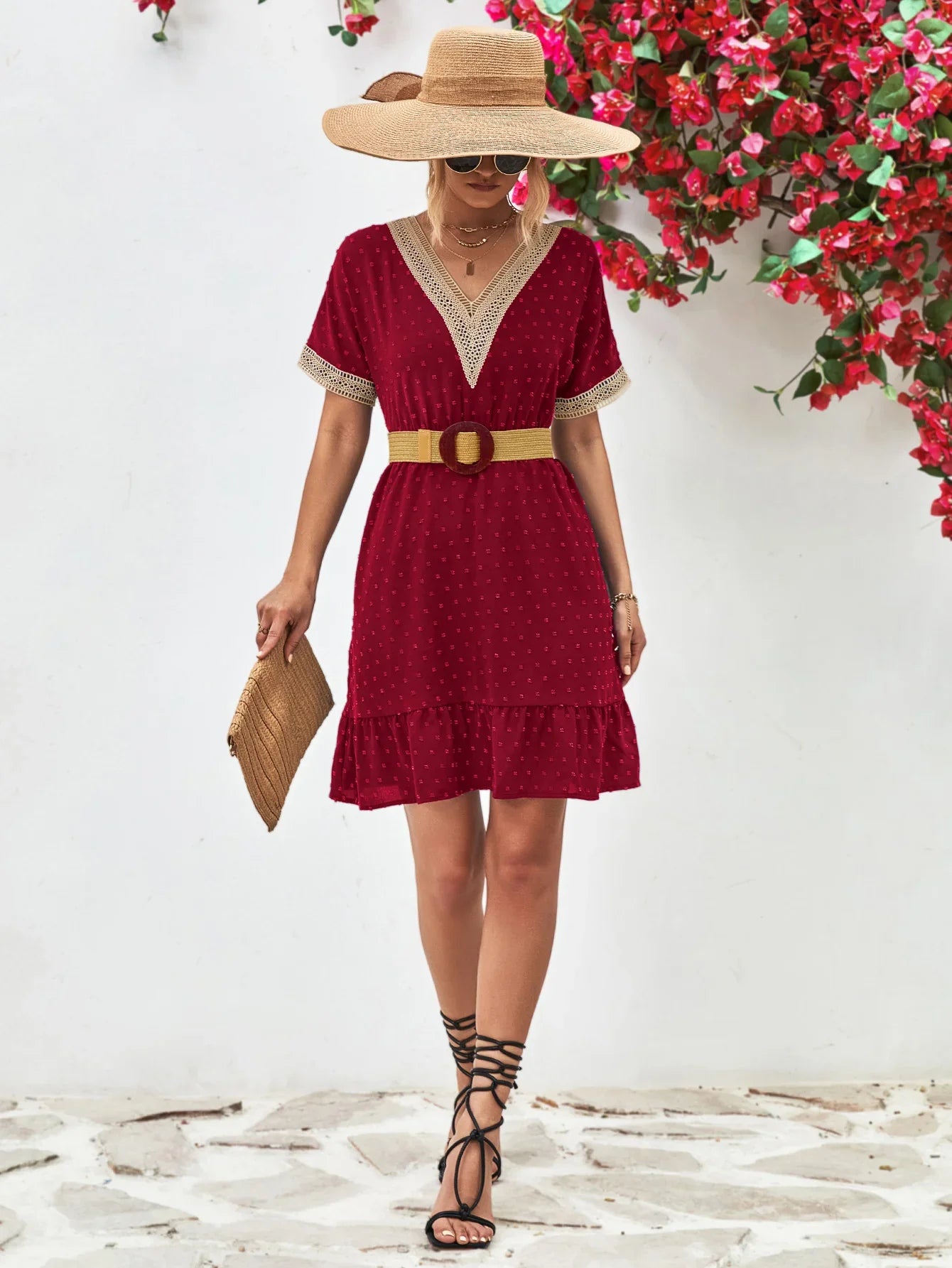 Contrast V-Neck Short Sleeve Mini Dress - Southern Shores Clothing
