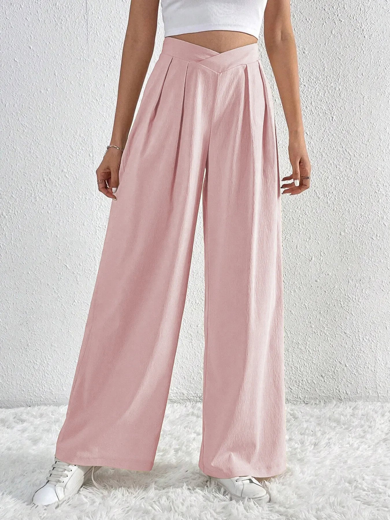 V-Waisted Ruched Front Flowing Wide Leg Pants Casual Wear - Southern Shores Clothing
