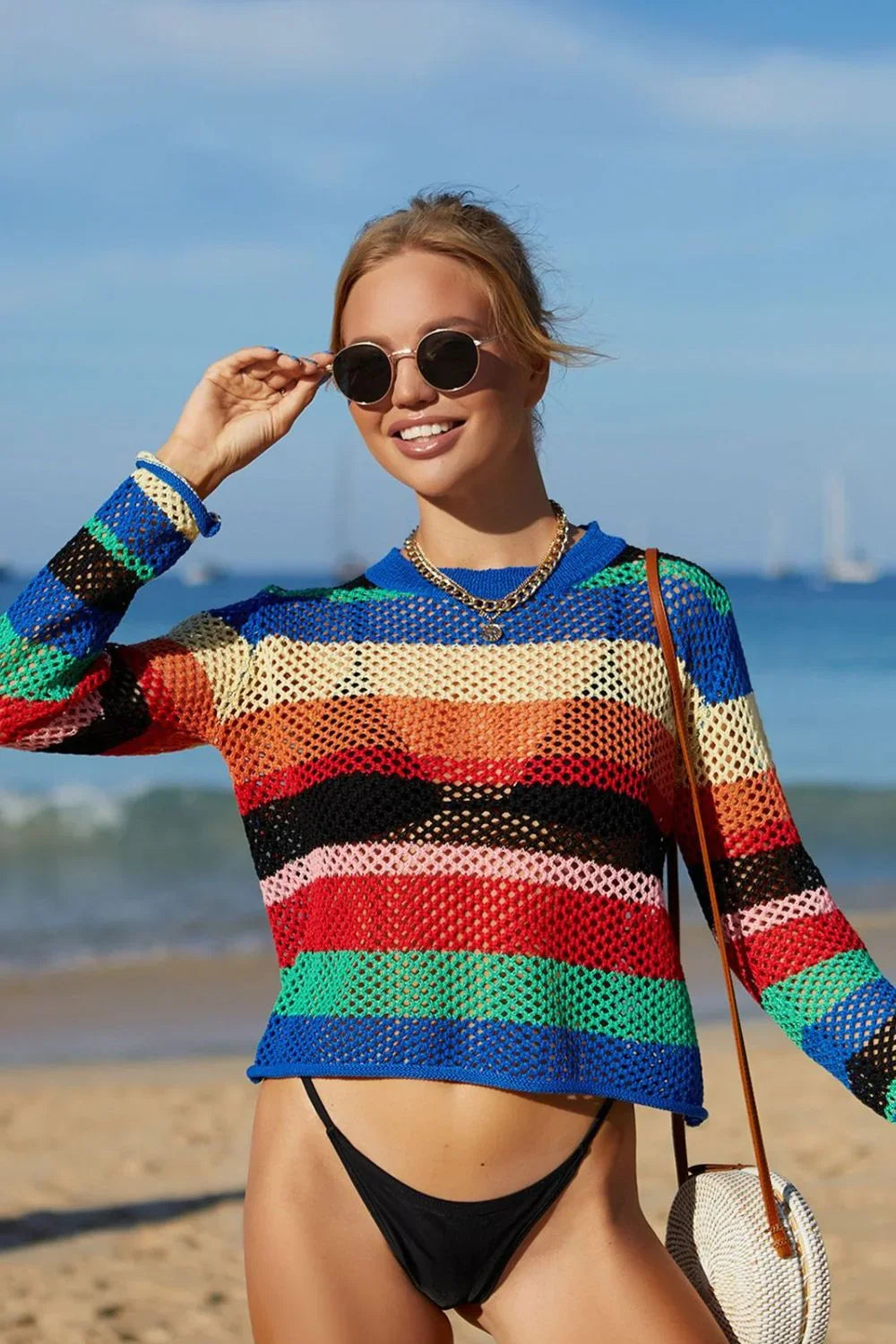 Openwork Stripe Long Sleeve Swim Cover Up - Southern Shores Clothing