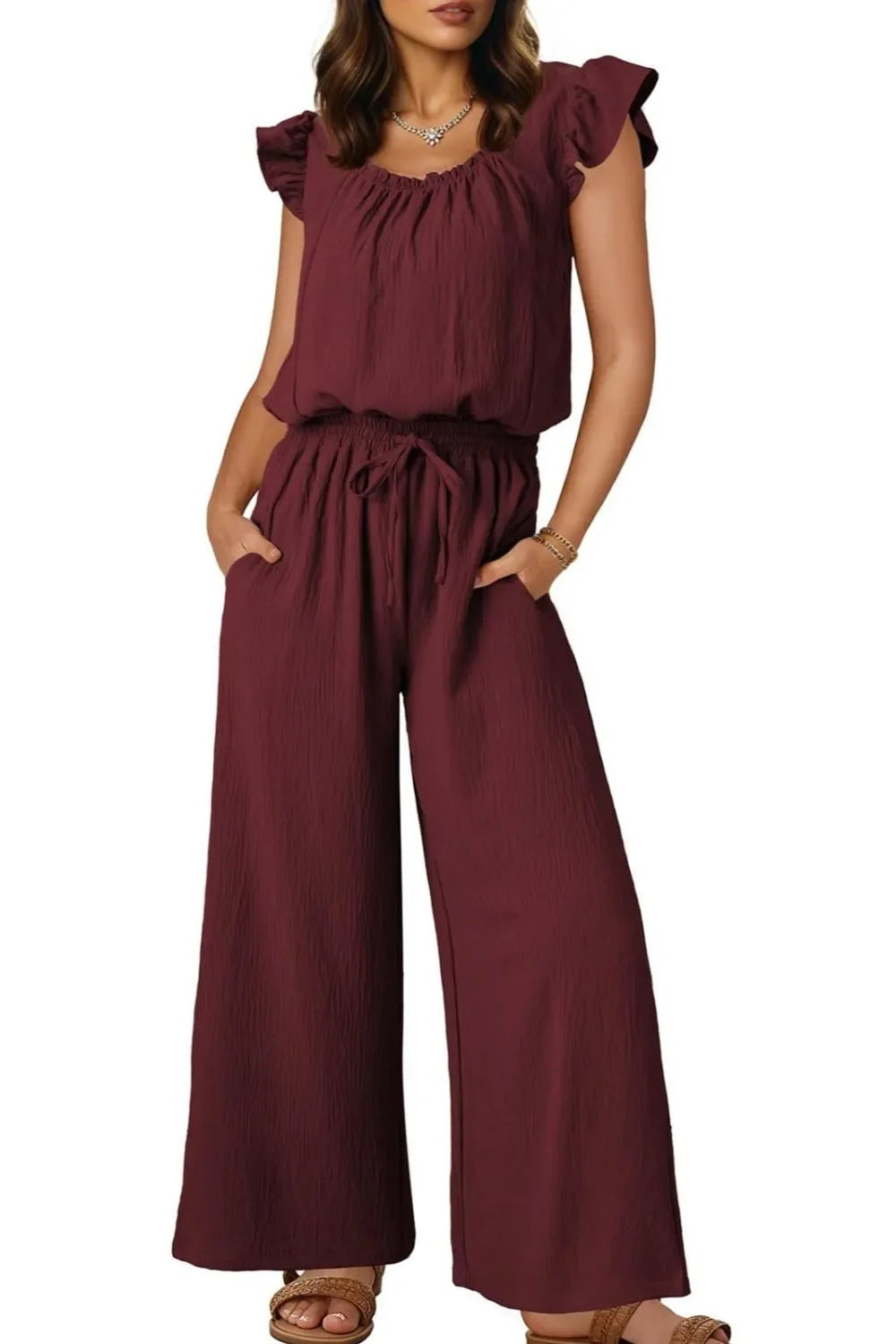 Ruffled Cap Sleeve Wide Leg Jumpsuit With Pockets - Southern Shores Clothing