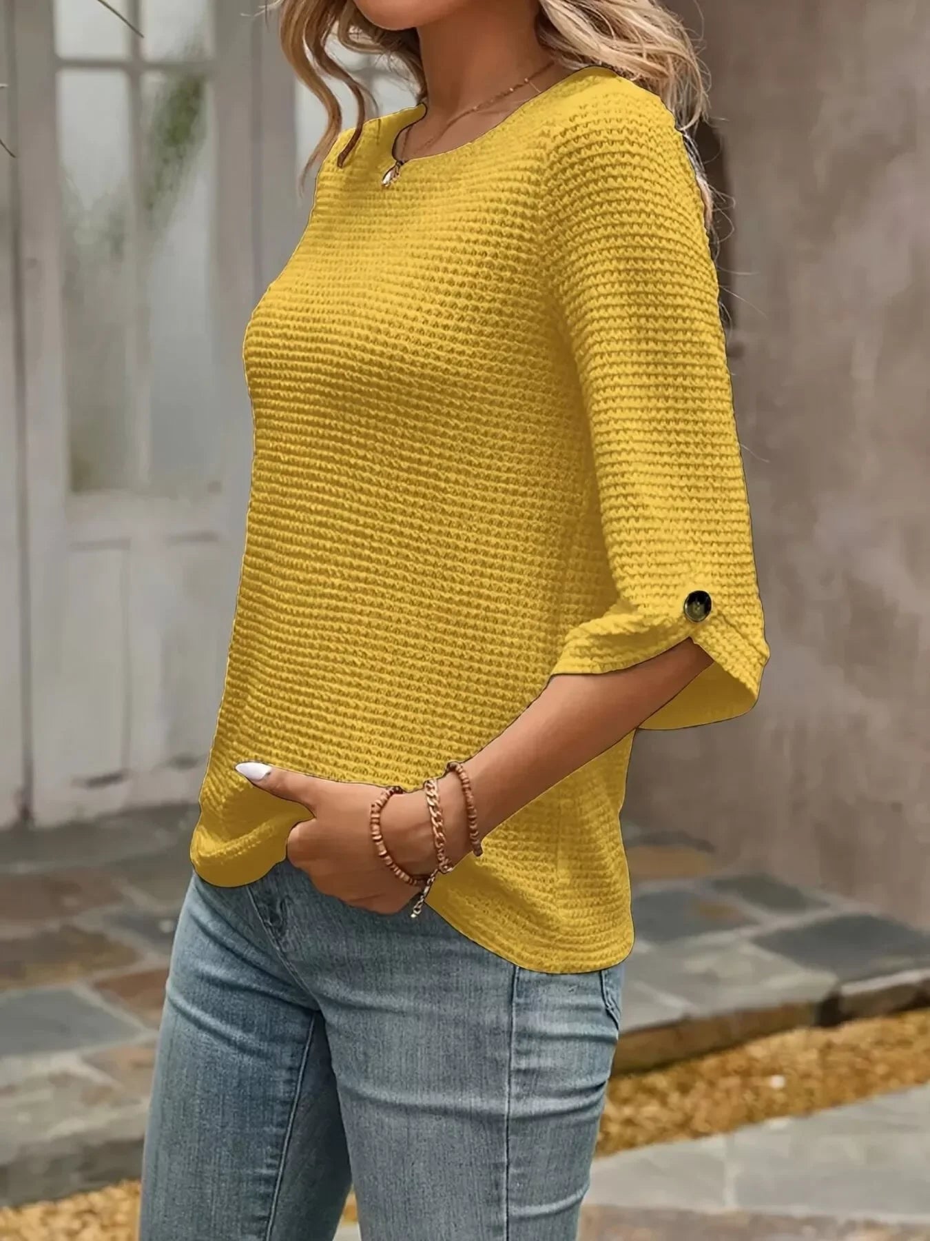 Textured Waffle Knit Three-Quarter Sleeve Tee - Southern Shores Clothing