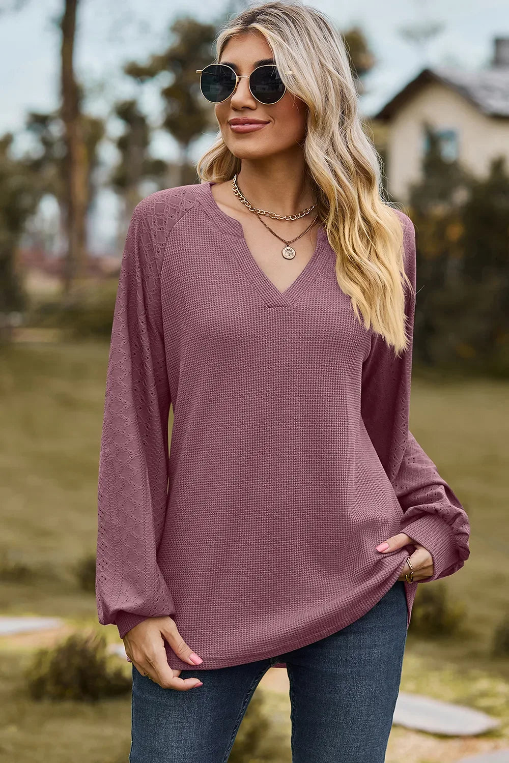Eyelet Notched Raglan Sleeve T-Shirt - Southern Shores Clothing