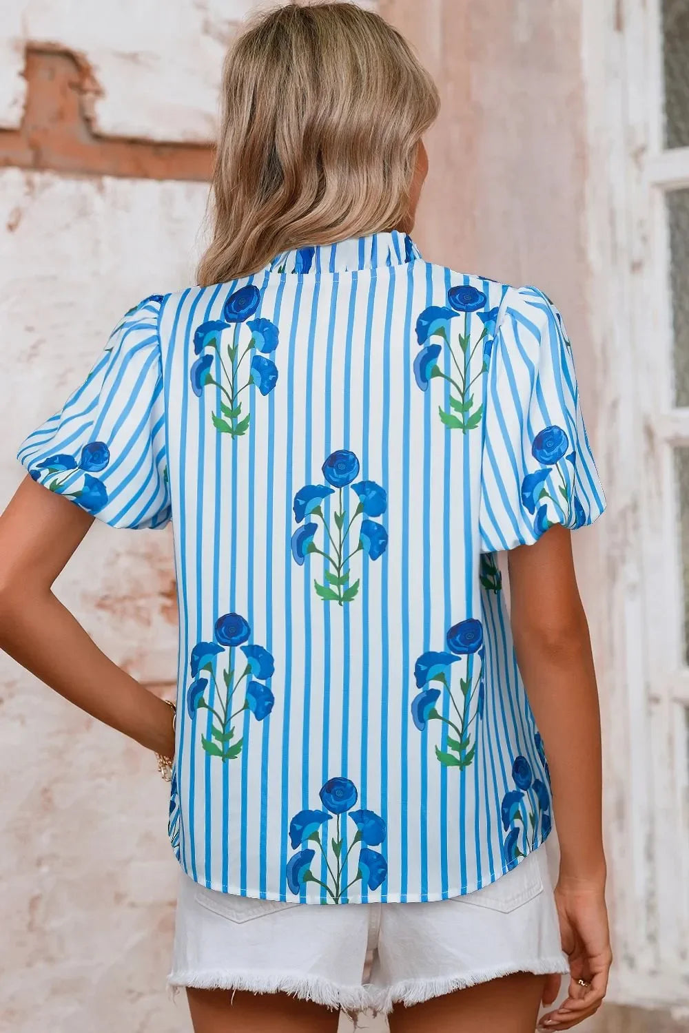 Striped Floral Notched Neck Puff Sleeve Blouse - Southern Shores Clothing