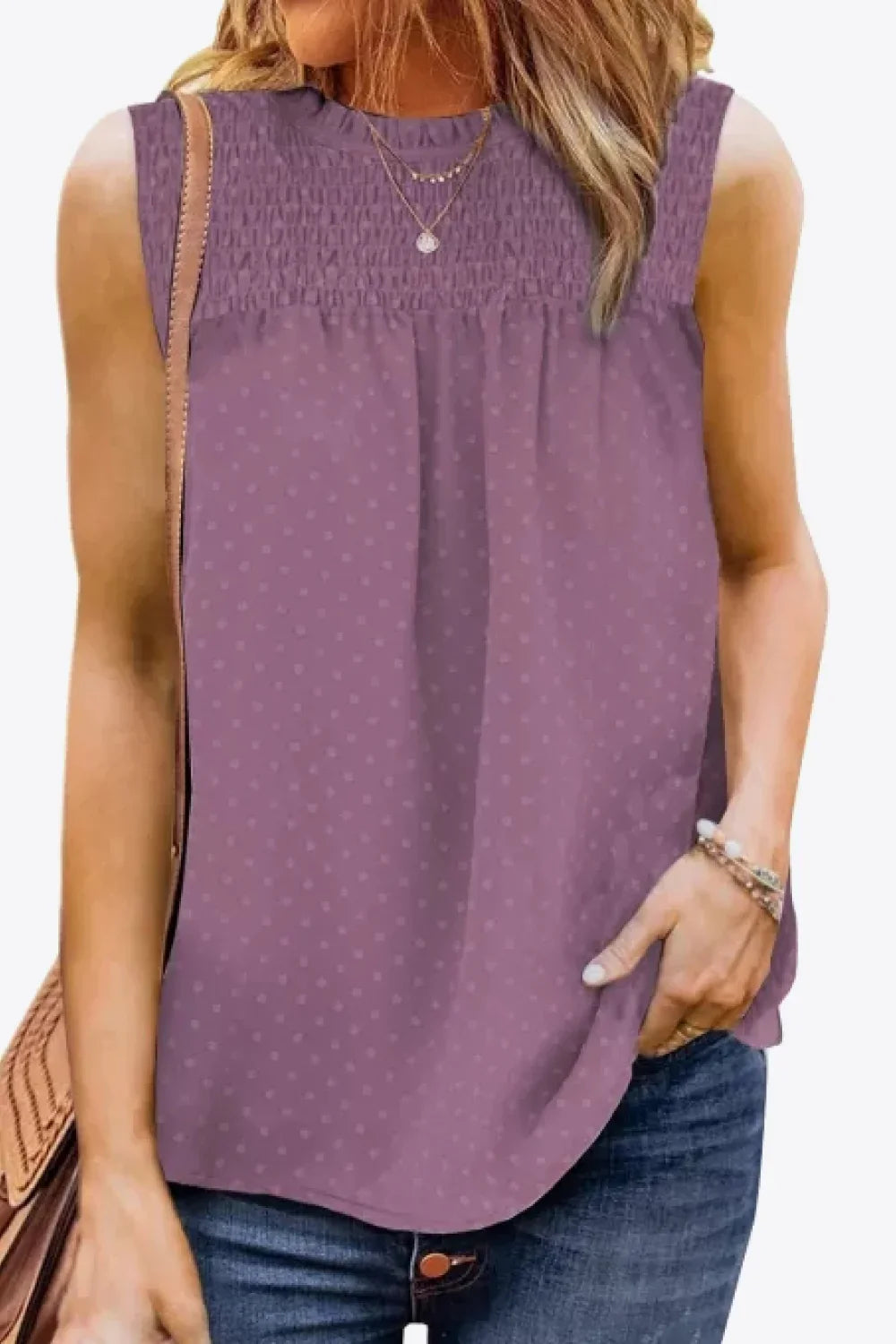 Smocked Tie Back Frill Trim Tank Top With Swiss Dot - Southern Shores Clothing