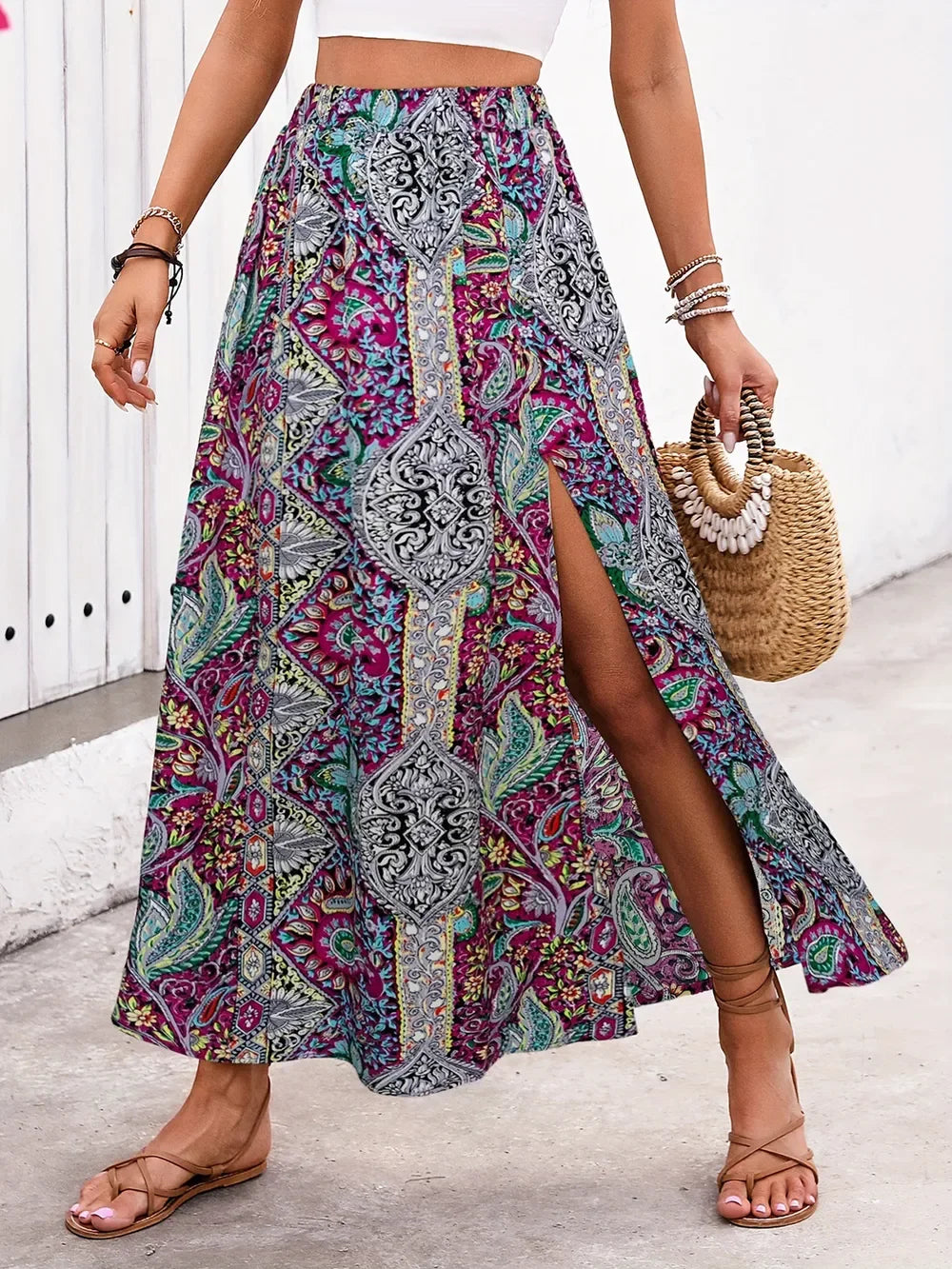 Printed Elastic Waist Slit Skirt Lightweight - Southern Shores Clothing