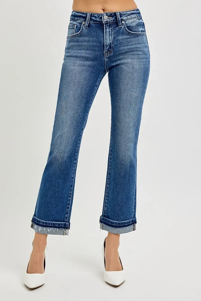 Mid Rise Straight Cuffed Ankle Jeans With Stretch Denim - Southern Shores Clothing