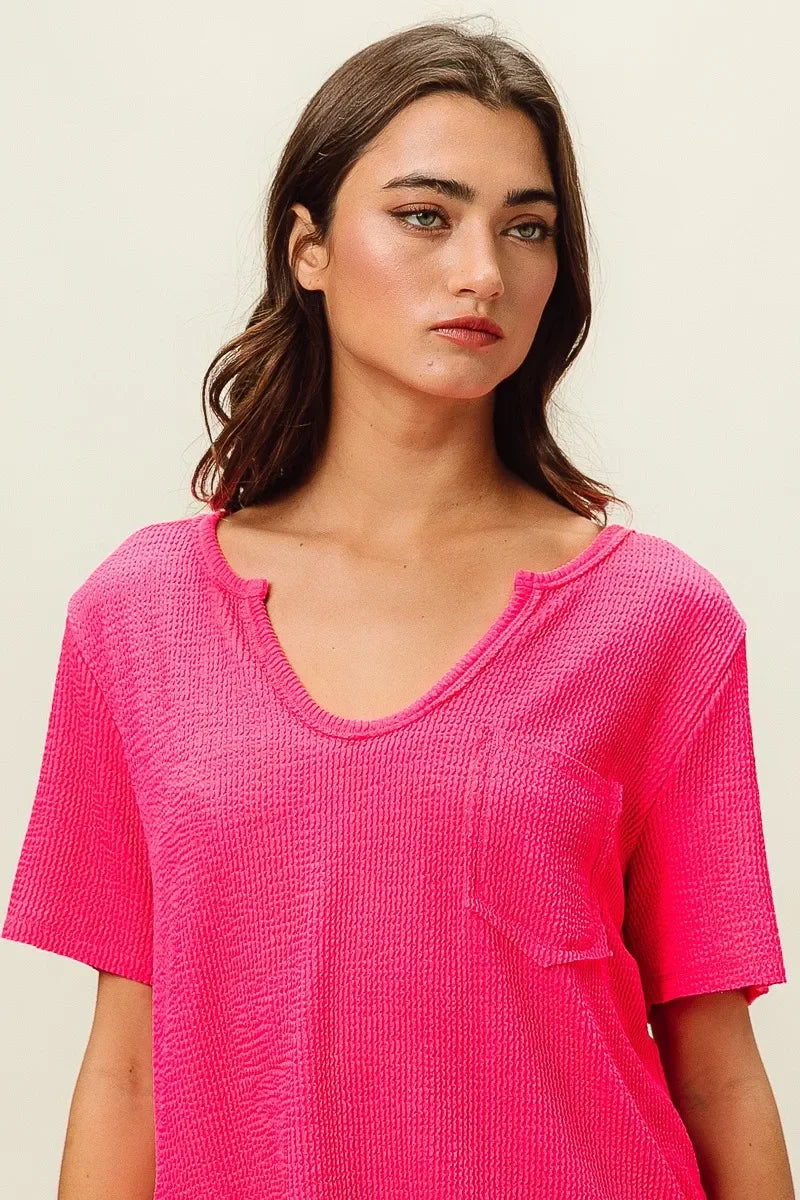 Waved Rib V Neck Top With Front Pocket Relaxed Fit - Southern Shores Clothing