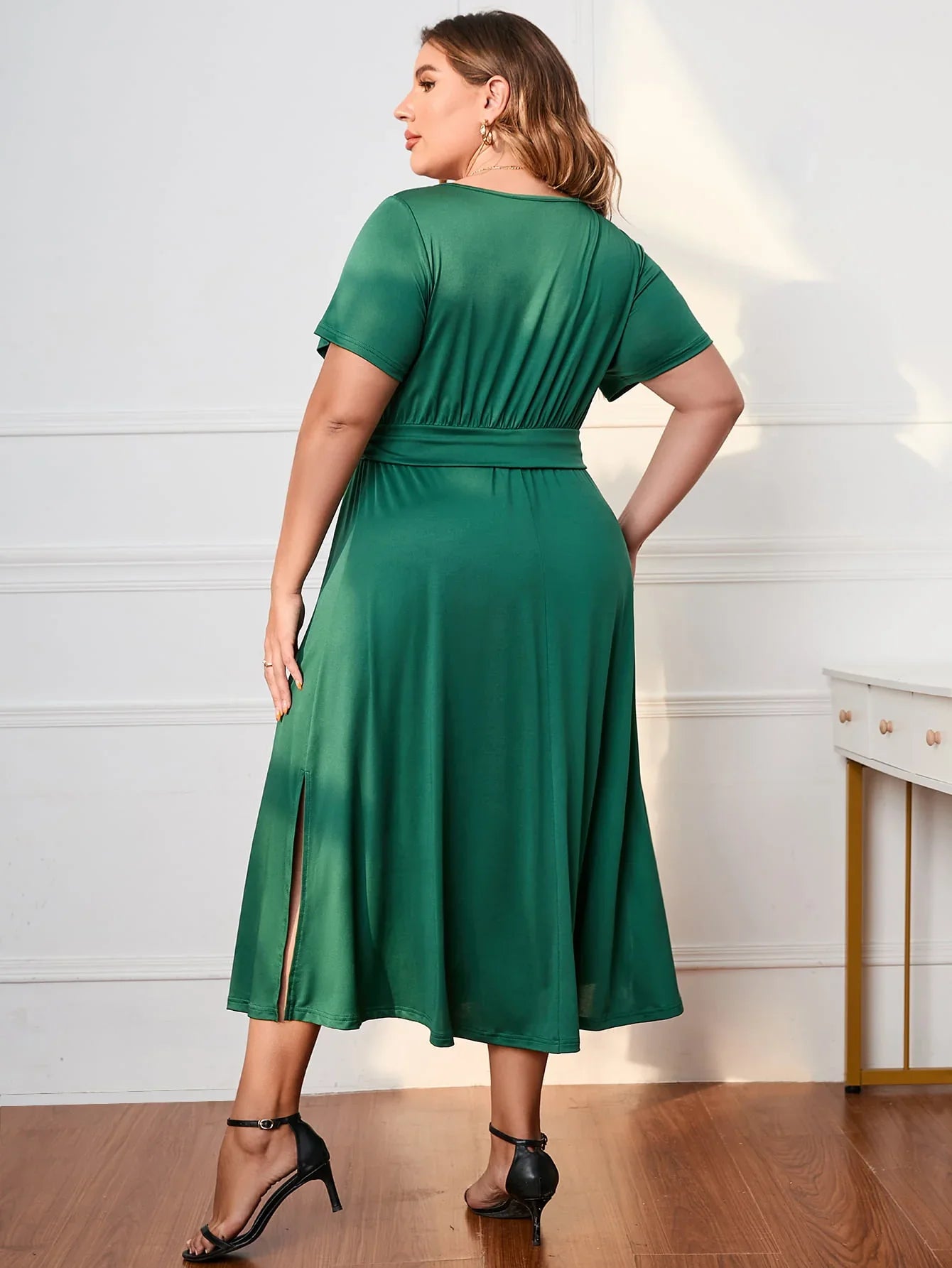 Plus Size Short Sleeve Surplice Neck Midi Dress - Southern Shores Clothing