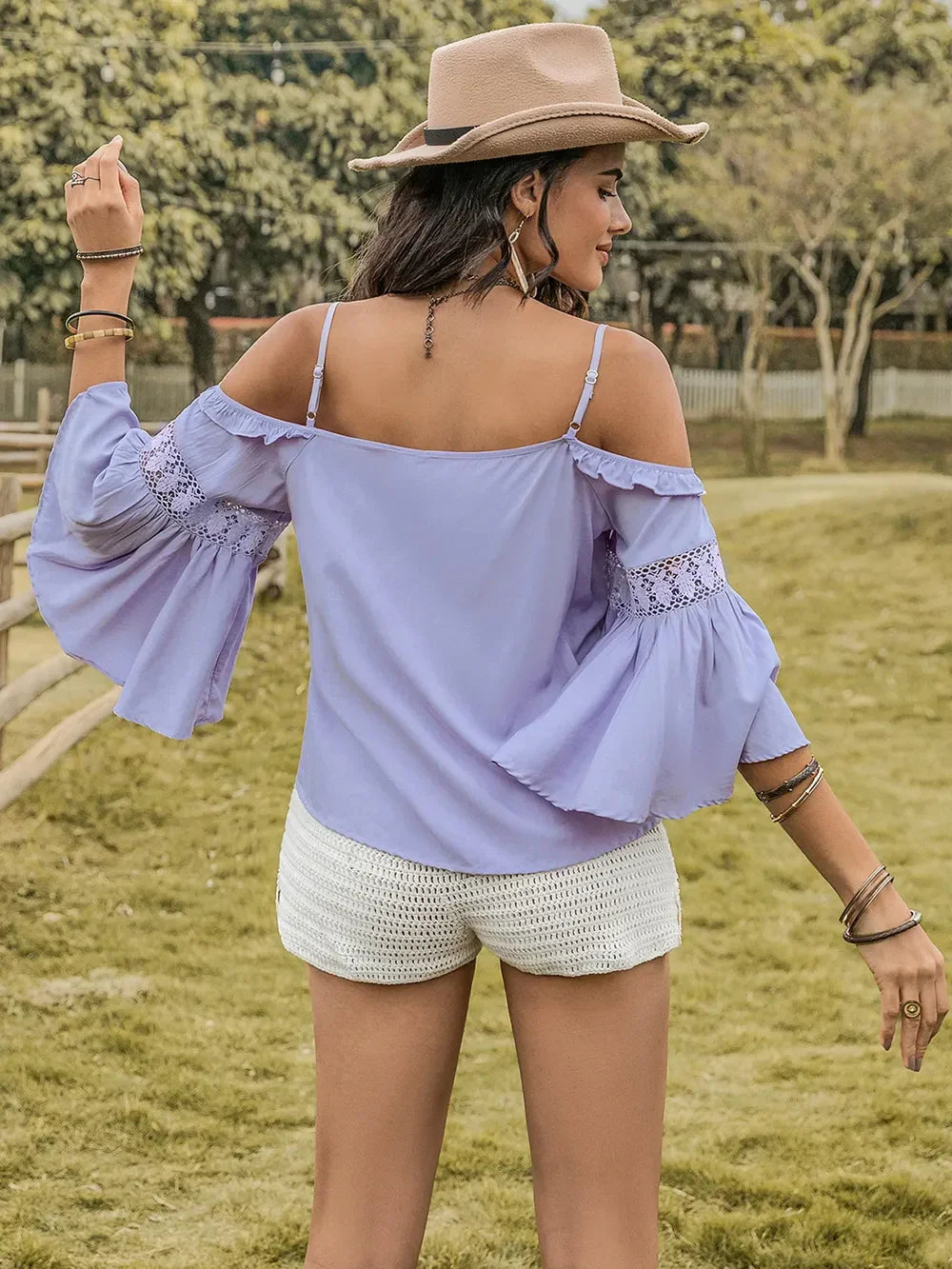 Square Neck Flare Sleeve Blouse With Lace Ruffled Design - Southern Shores Clothing