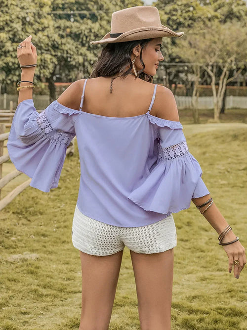 Square Neck Flare Sleeve Blouse With Lace Ruffled Design - Southern Shores Clothing
