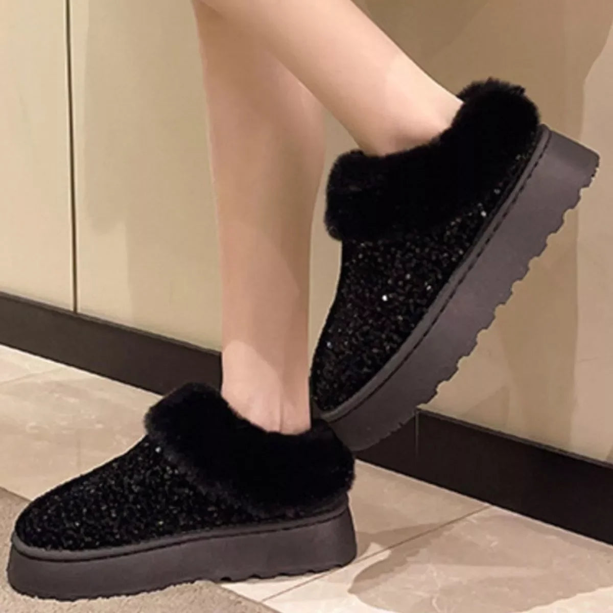 Sequined Round Toe Platform Boots With Faux Fur Trim - Southern Shores Clothing