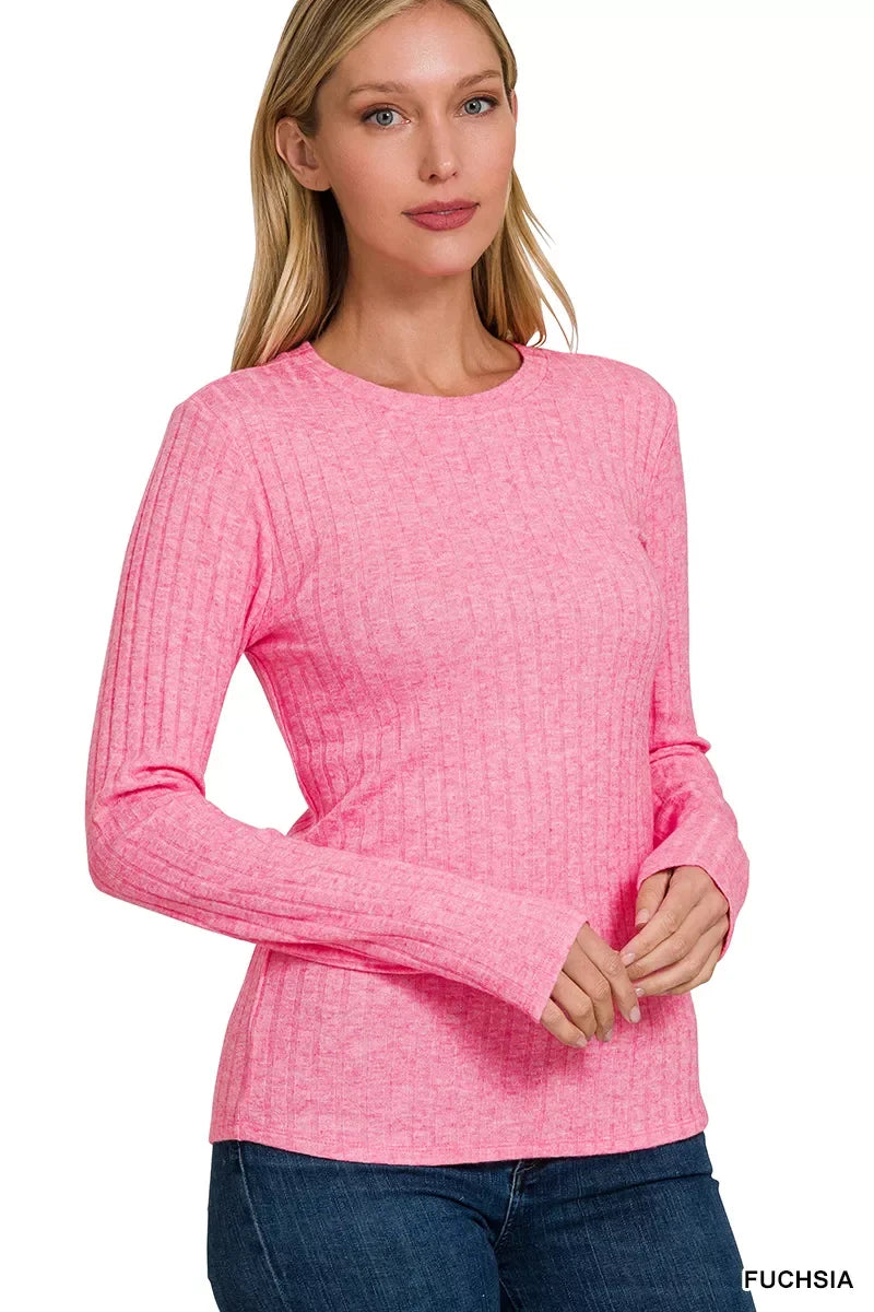 Ribbed Long Sleeve Crew Neck T Shirt With Stretch - Southern Shores Clothing