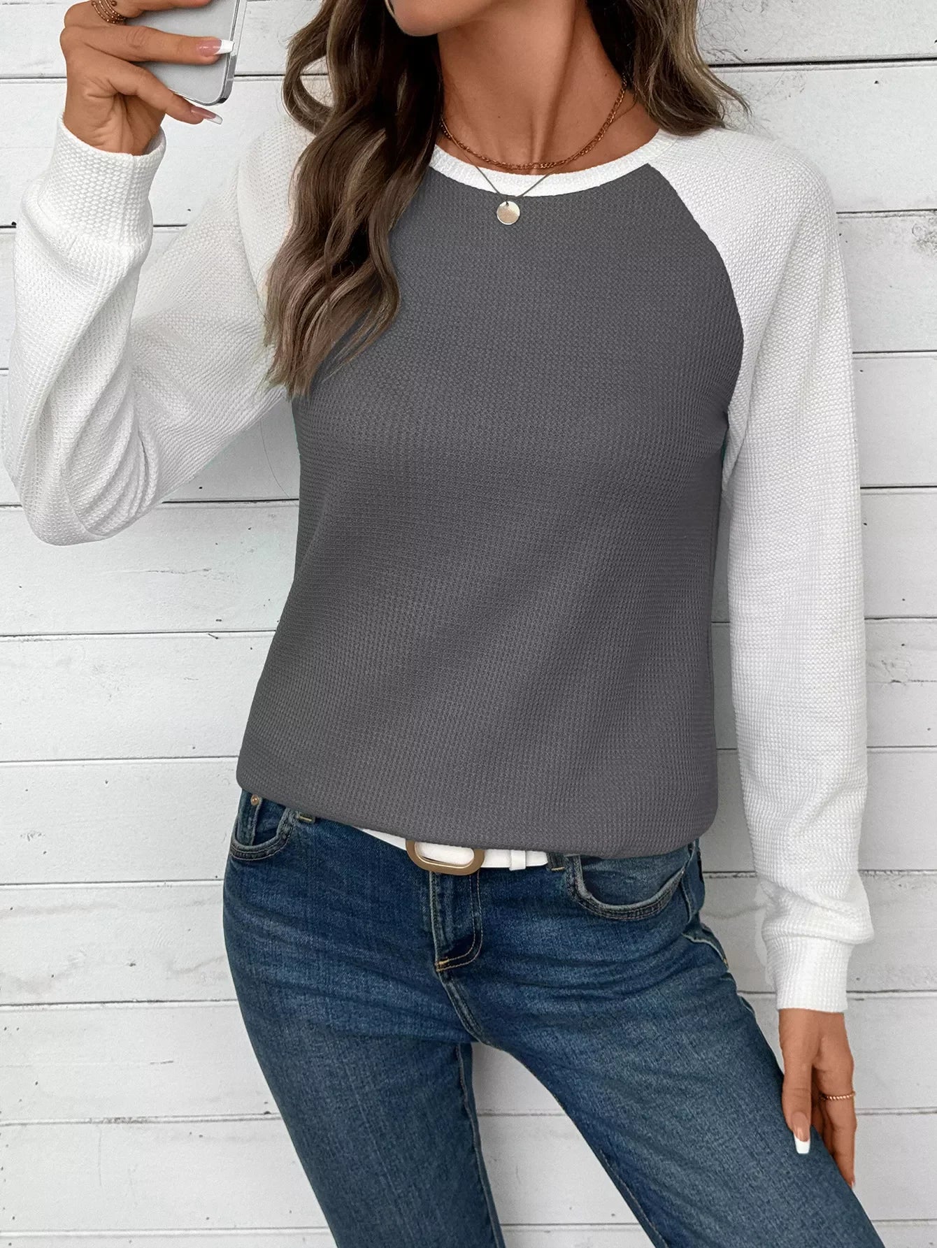 Contrast Raglan Sleeves Waffle Knit T Shirt - Southern Shores Clothing