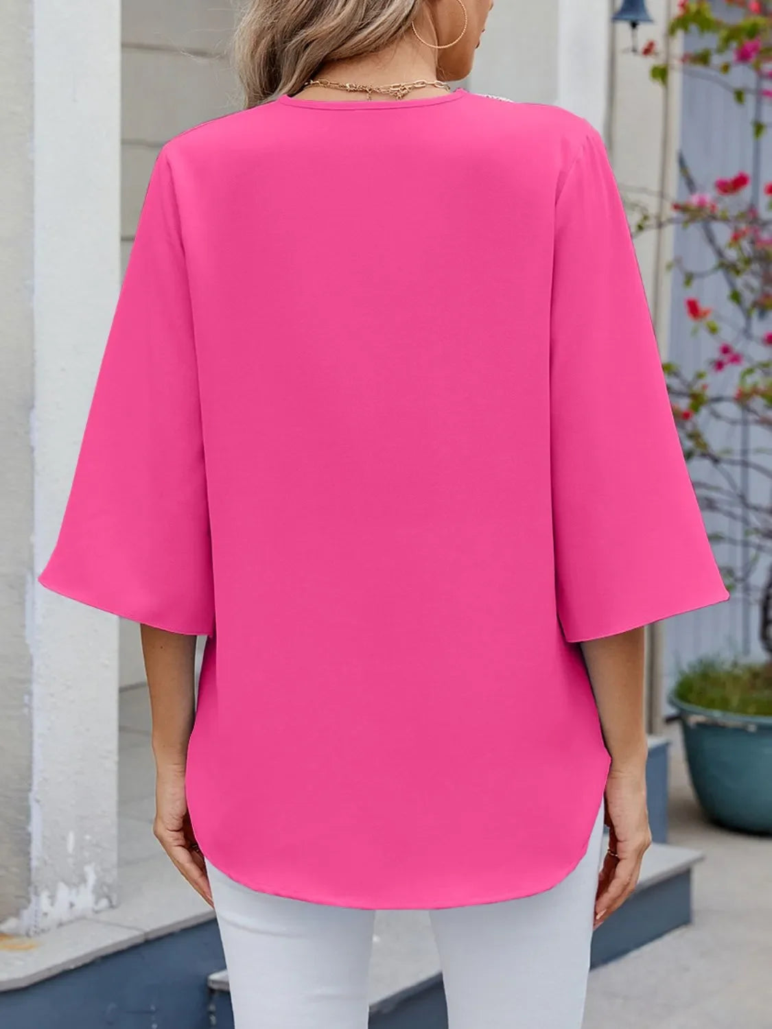 V-Neck Three Quarter Sleeve Lace Blouse Rayon Blend Fabric - Southern Shores Clothing
