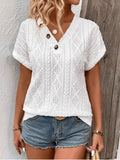 Textured V-Neck Short Sleeve Buttoned Top With Openwork - Southern Shores Clothing